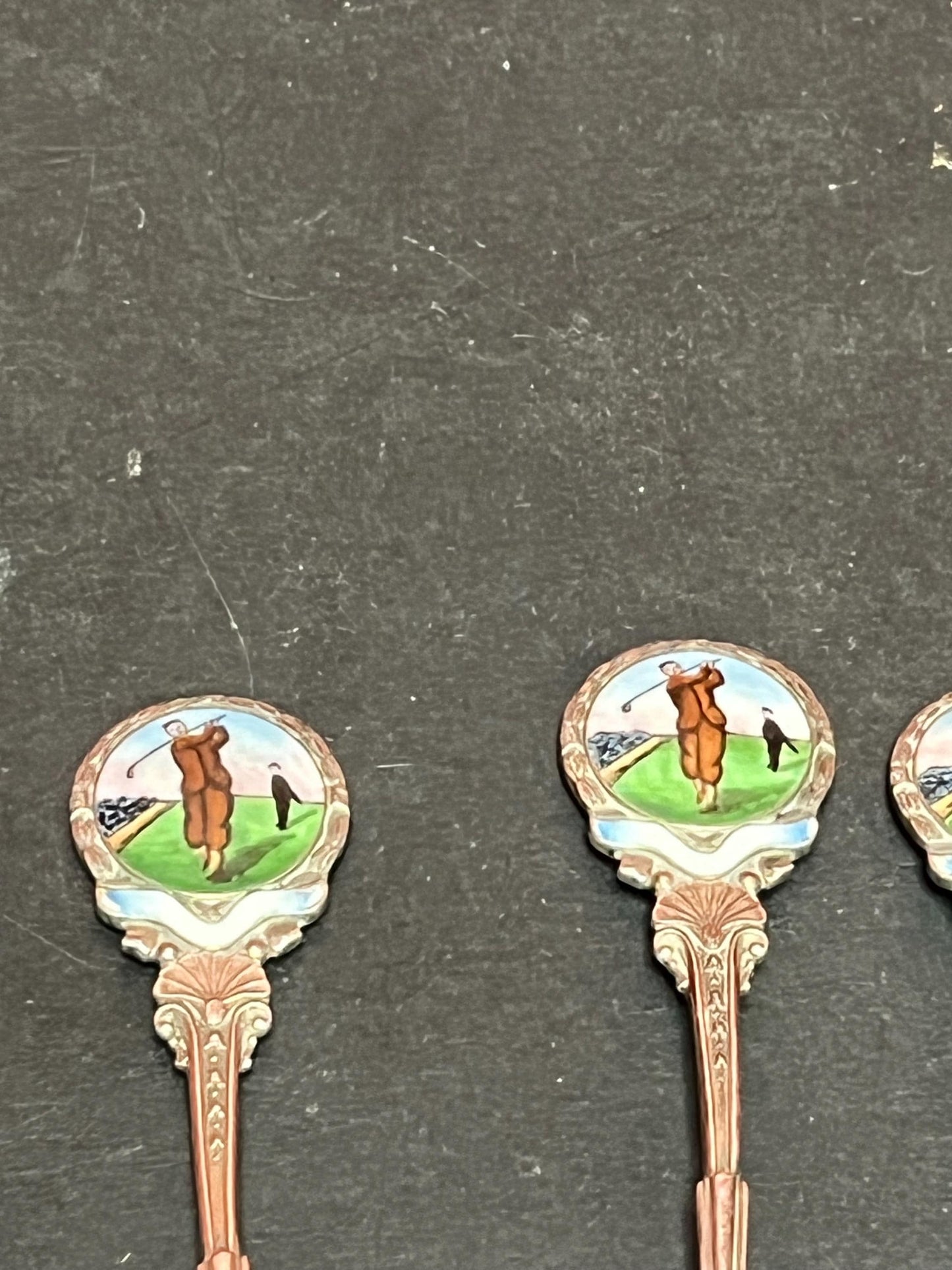 Five lovely English antique sterling silver hallmarked coffee spoons with enamel depicting Golf   great gift  100 g total