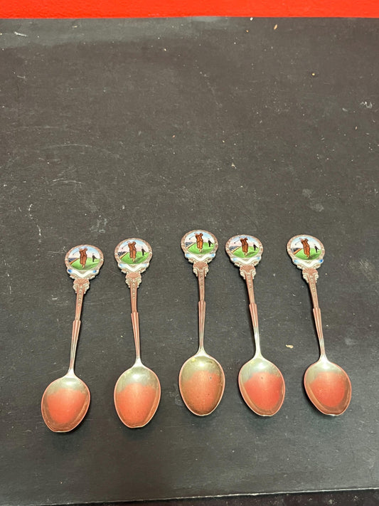 Five lovely English antique sterling silver hallmarked coffee spoons with enamel depicting Golf   great gift  100 g total