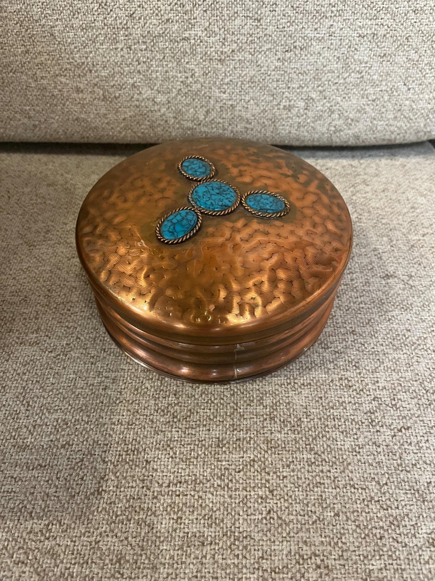 Lovely 7 x 3 European signed copper box with turquoise stone top  great gift - wow