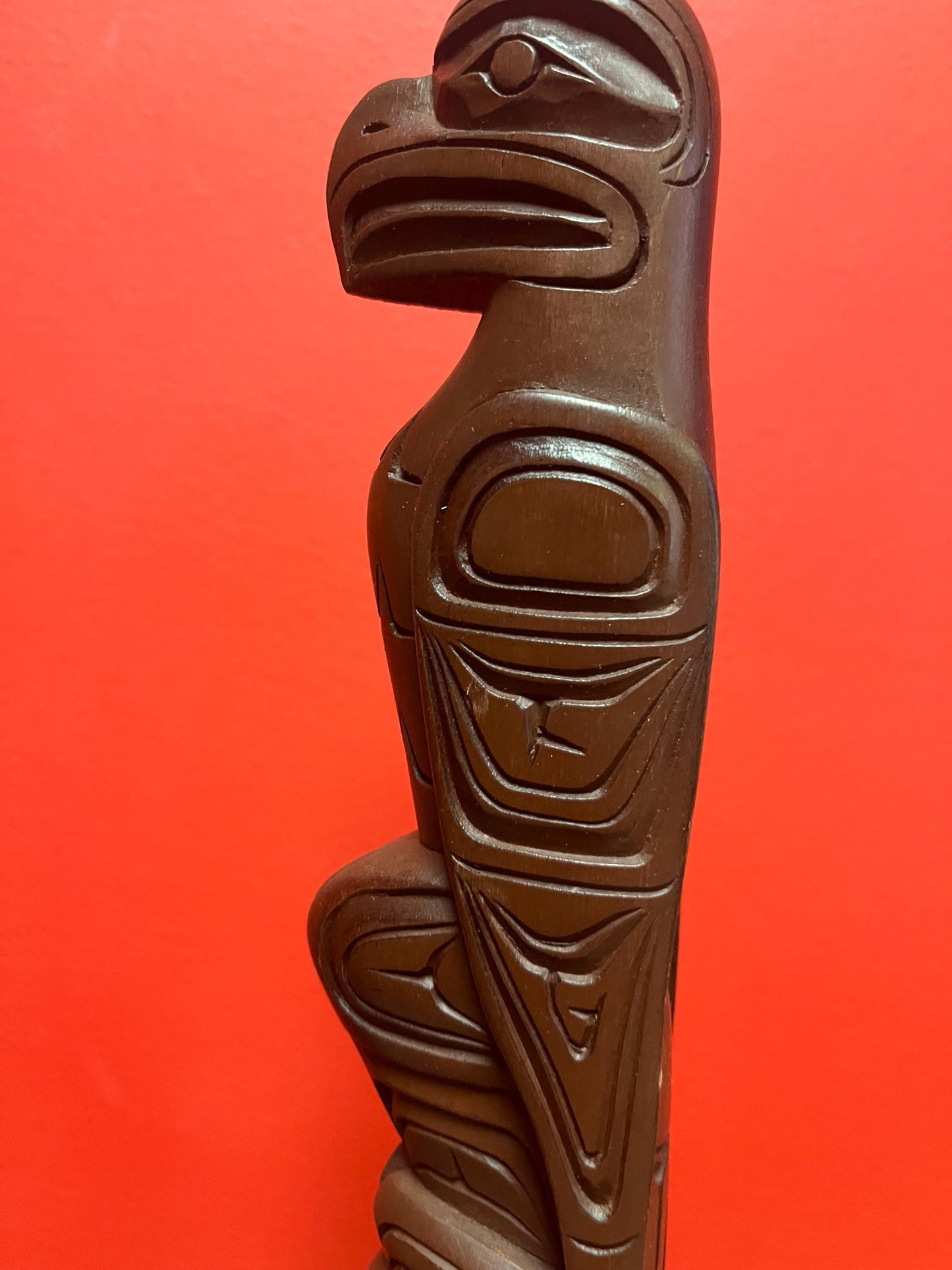 Stunning 17 inch tall Harold Baker indigenous first nations Pacific Northwest Coast Cedar totem pole  Sensational detail  One of the best