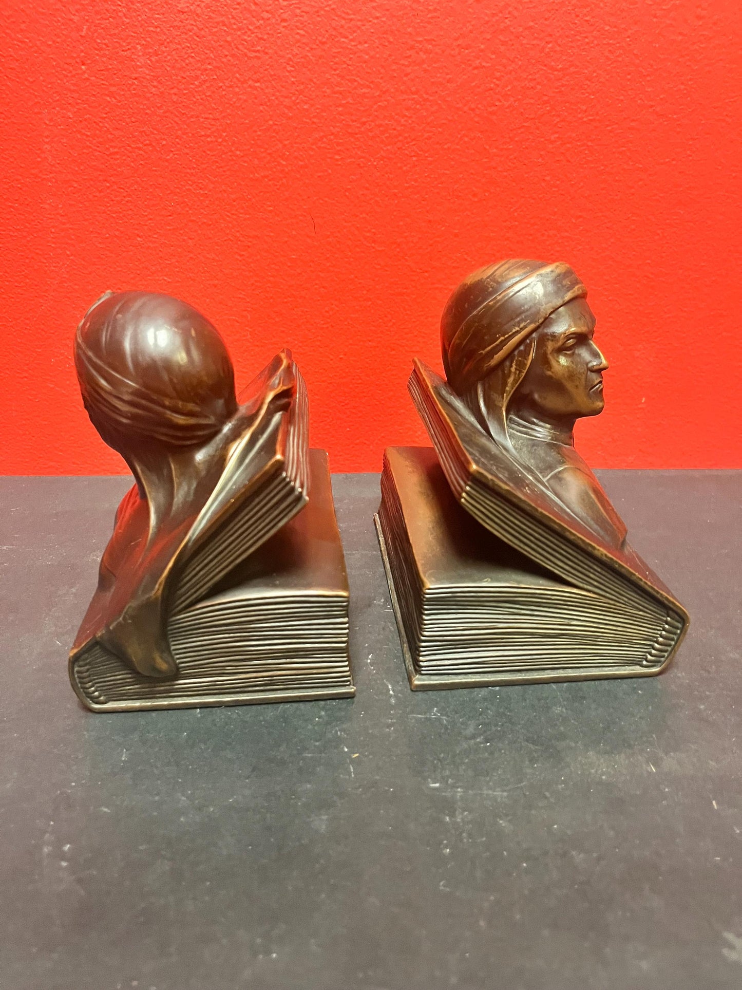 Stunning pair of heavy bronze Art nouveau Dante and Beatrice bookends antique beauties  lovely patina  6 x 6 each