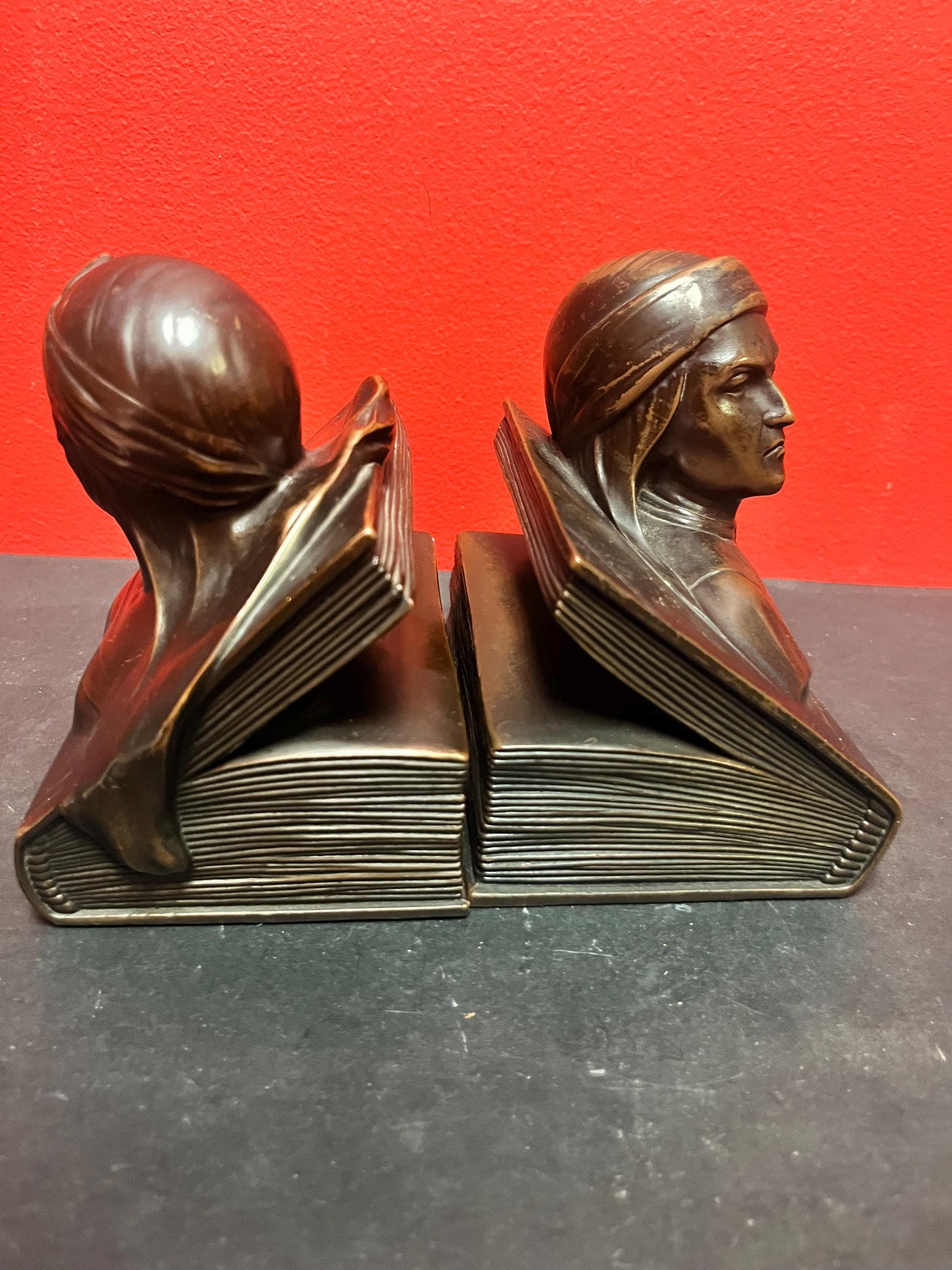 Stunning pair of heavy bronze Art nouveau Dante and Beatrice bookends antique beauties  lovely patina  6 x 6 each