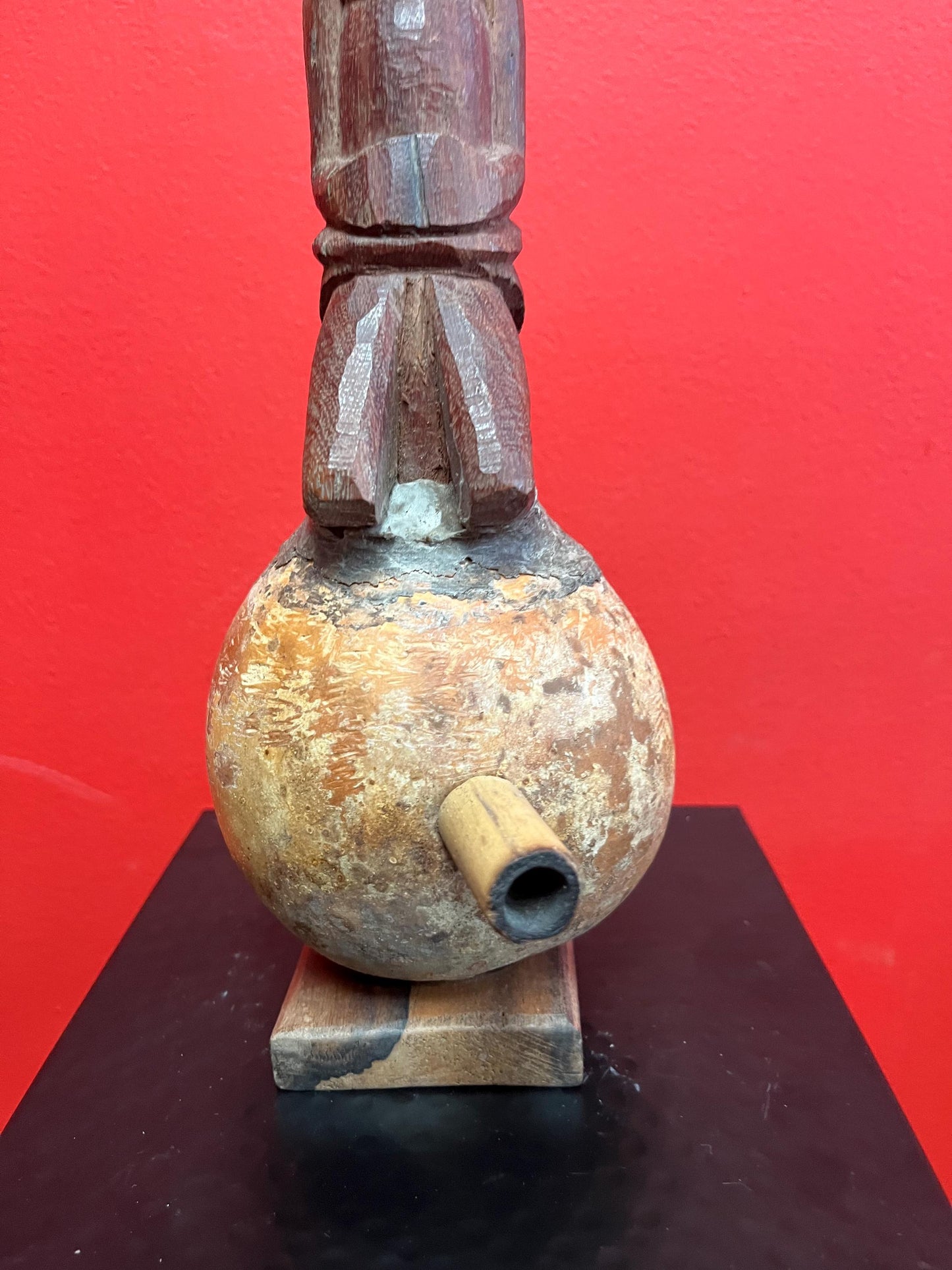 Very cool 14 inch tall African wooden and gourd pipe  unusual imagery and amazing look