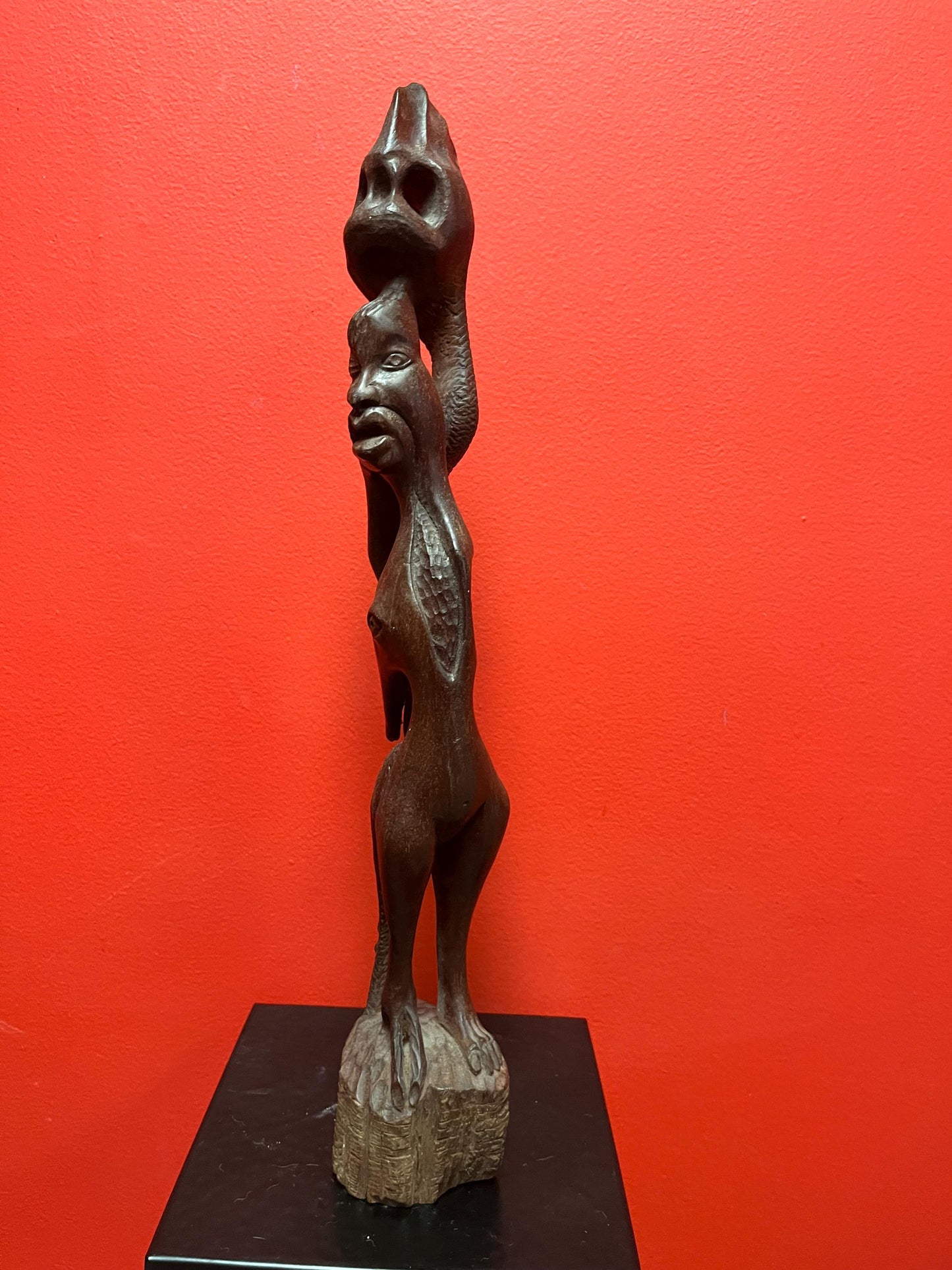 Oldest 17 inch tall handcarved African transformation statue   great imagery  good condition