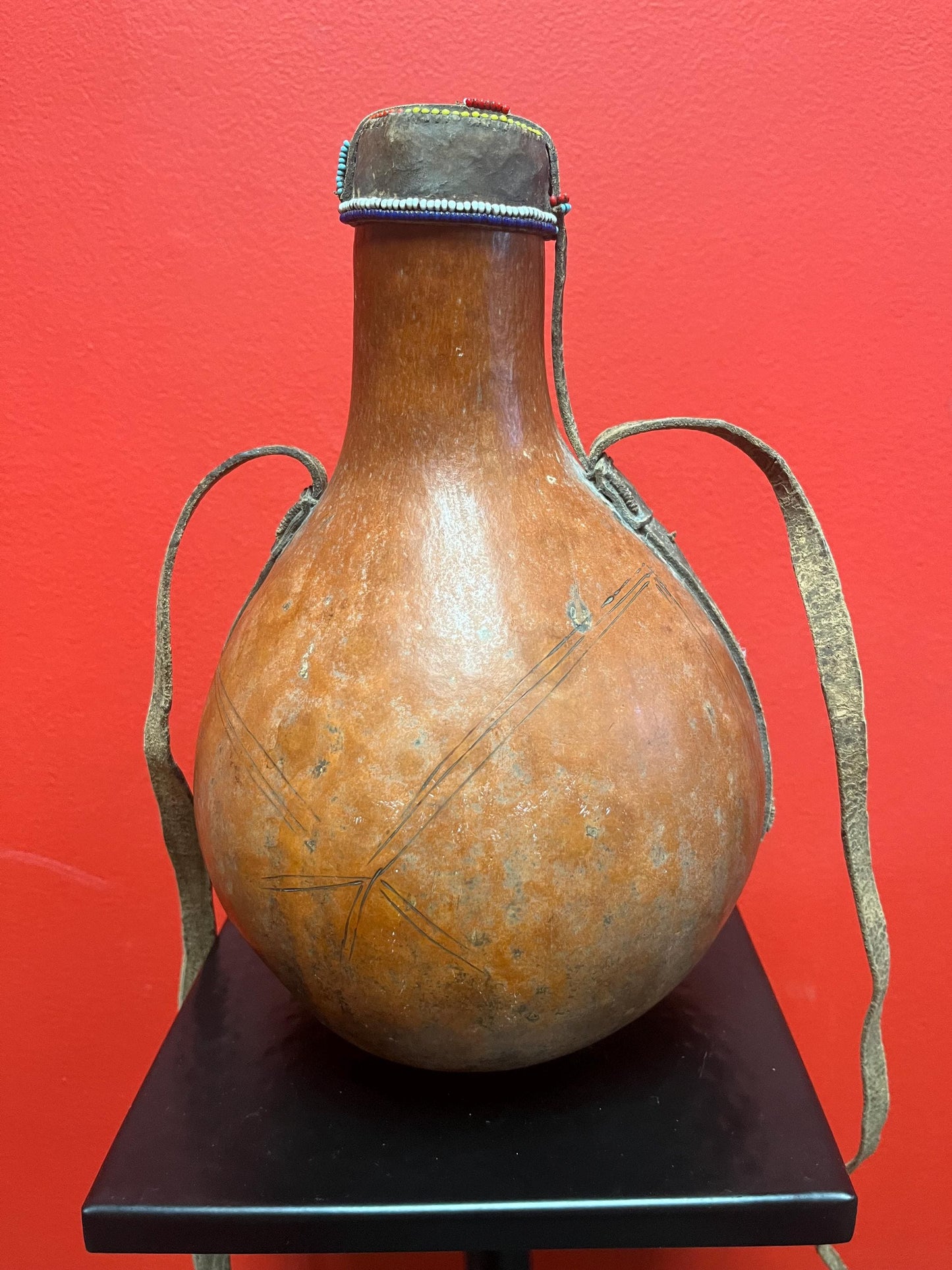 Very cool vintage African 10 inch gourd with beaded top  great look  broken  handle  value priced