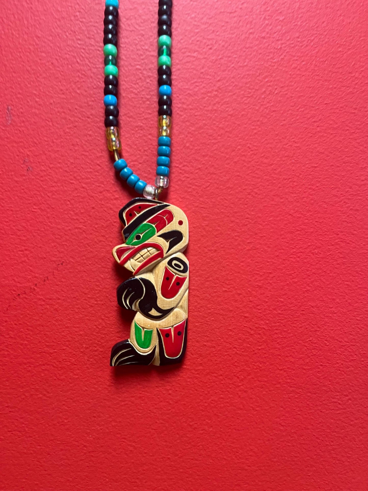 Stunning 5 inch indigenous first nations Pacific northwest Coast signed wooden pendant with 30 inch beaded  necklace  wow