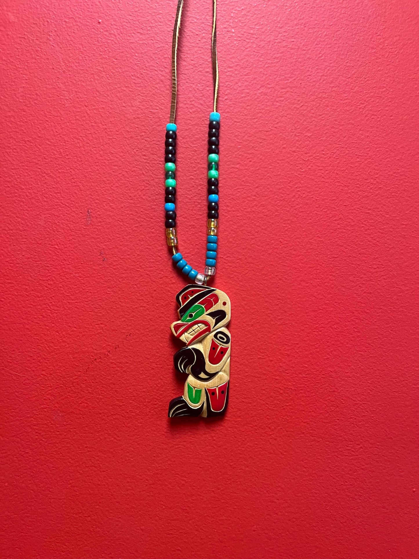 Stunning 5 inch indigenous first nations Pacific northwest Coast signed wooden pendant with 30 inch beaded  necklace  wow