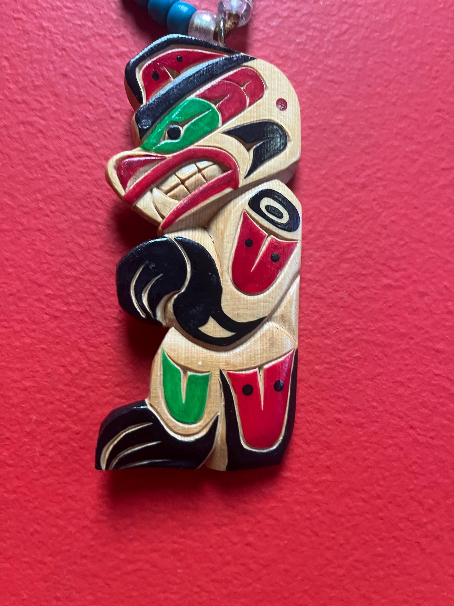 Stunning 5 inch indigenous first nations Pacific northwest Coast signed wooden pendant with 30 inch beaded  necklace  wow