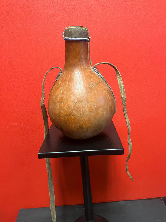 Very cool vintage African 10 inch gourd with beaded top  great look  broken  handle  value priced