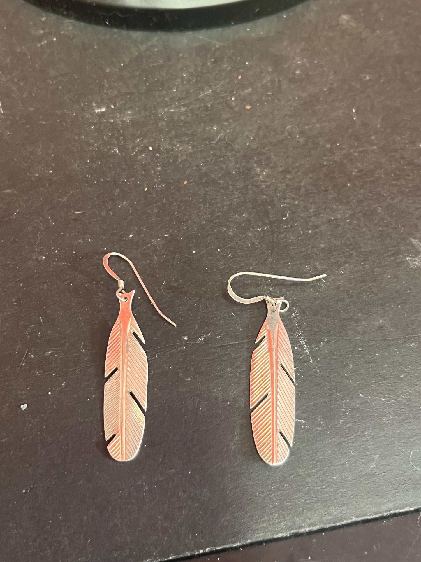 Lovely pair of 2 inch sterling silver indigenous first nations Pacific Northwest Coast feather earrings