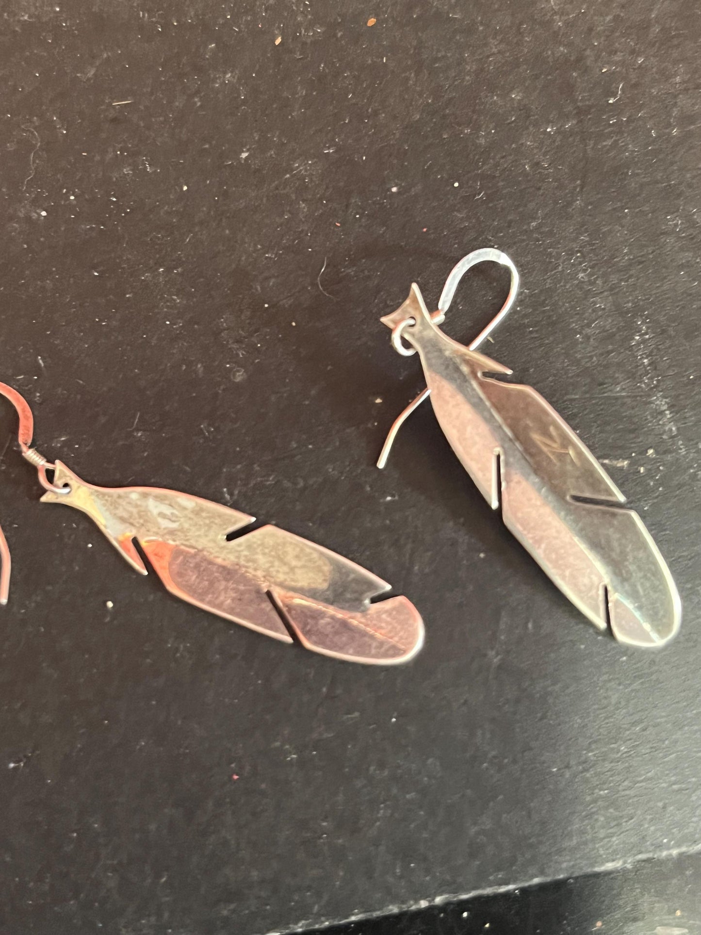 Lovely pair of 2 inch sterling silver indigenous first nations Pacific Northwest Coast feather earrings