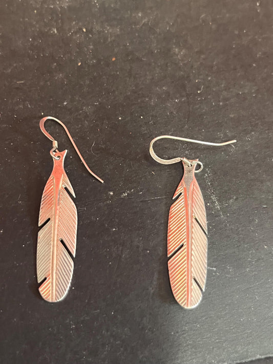 Lovely pair of 2 inch sterling silver indigenous first nations Pacific Northwest Coast feather earrings