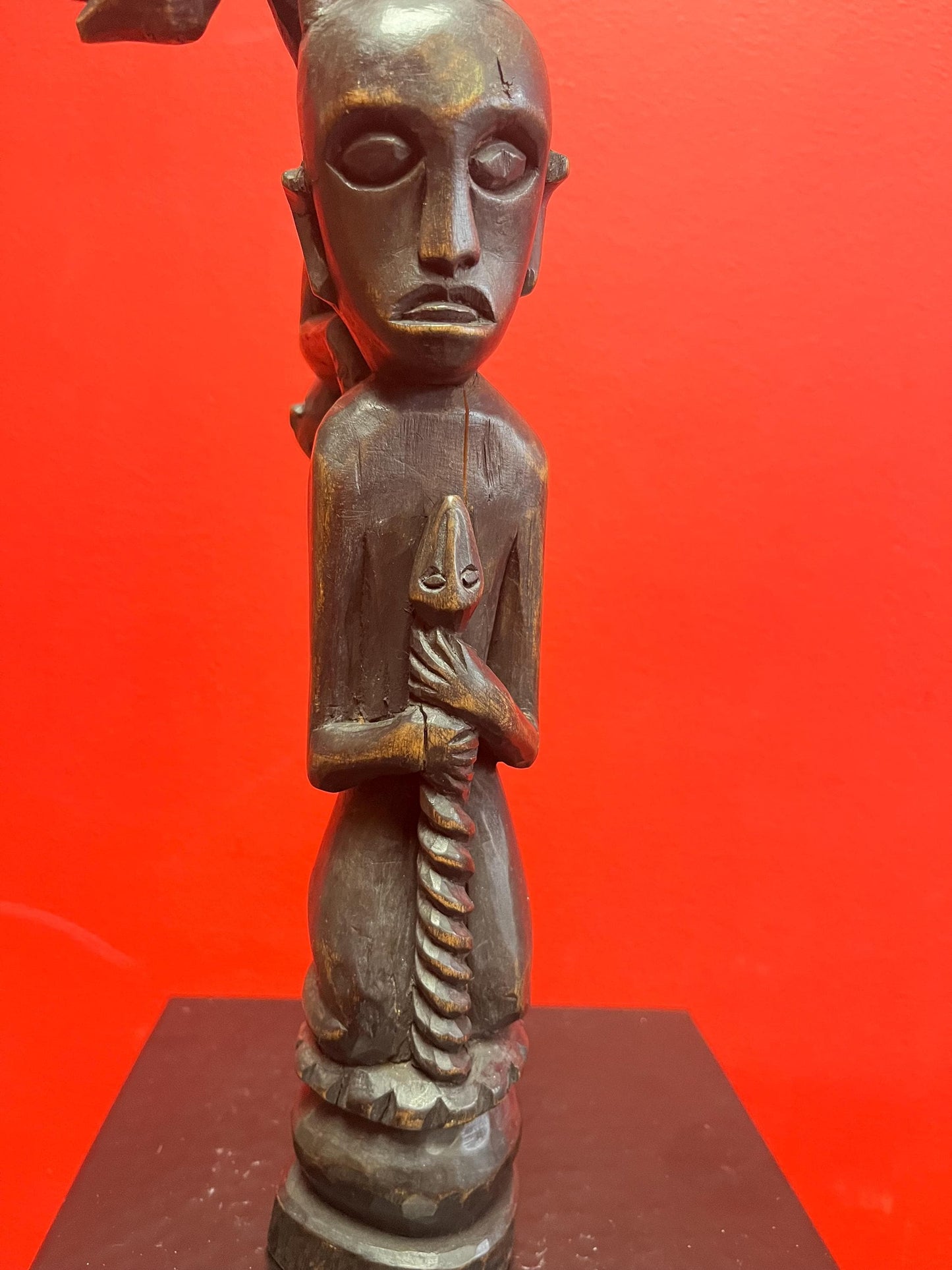 Beautiful Unusual African antique 12.5 inch tall statue of a man with a snake and monkeys climbing on him   stunning imagery wow