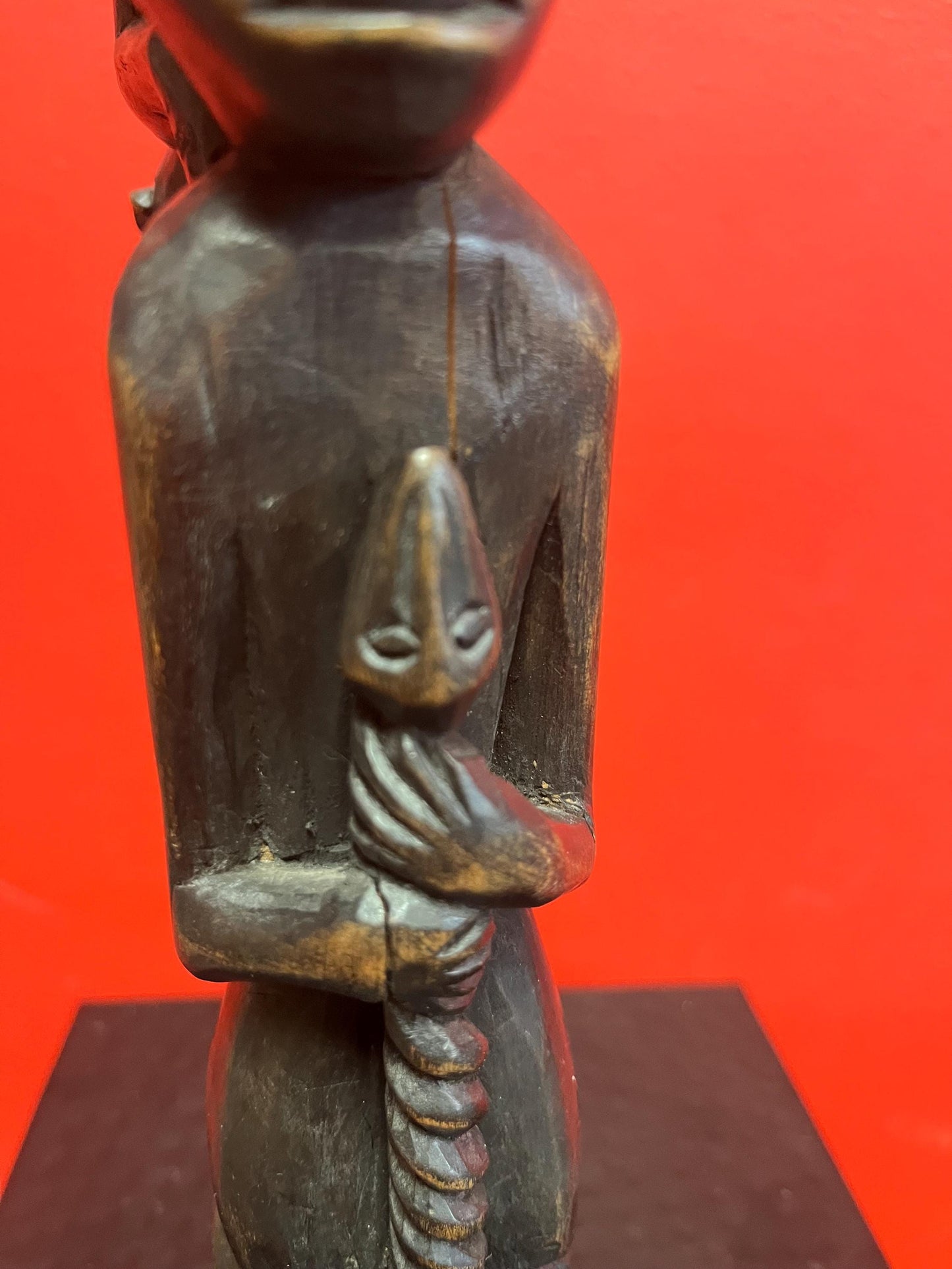 Beautiful Unusual African antique 12.5 inch tall statue of a man with a snake and monkeys climbing on him   stunning imagery wow