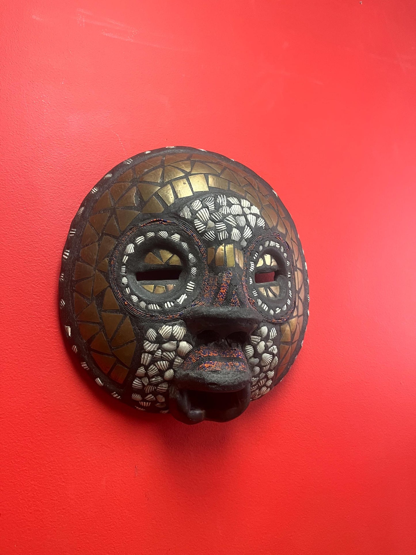 Fabulous antique 13 x 13 African Ghana mask   shells and copper and beads  delightful authentic piece  wow