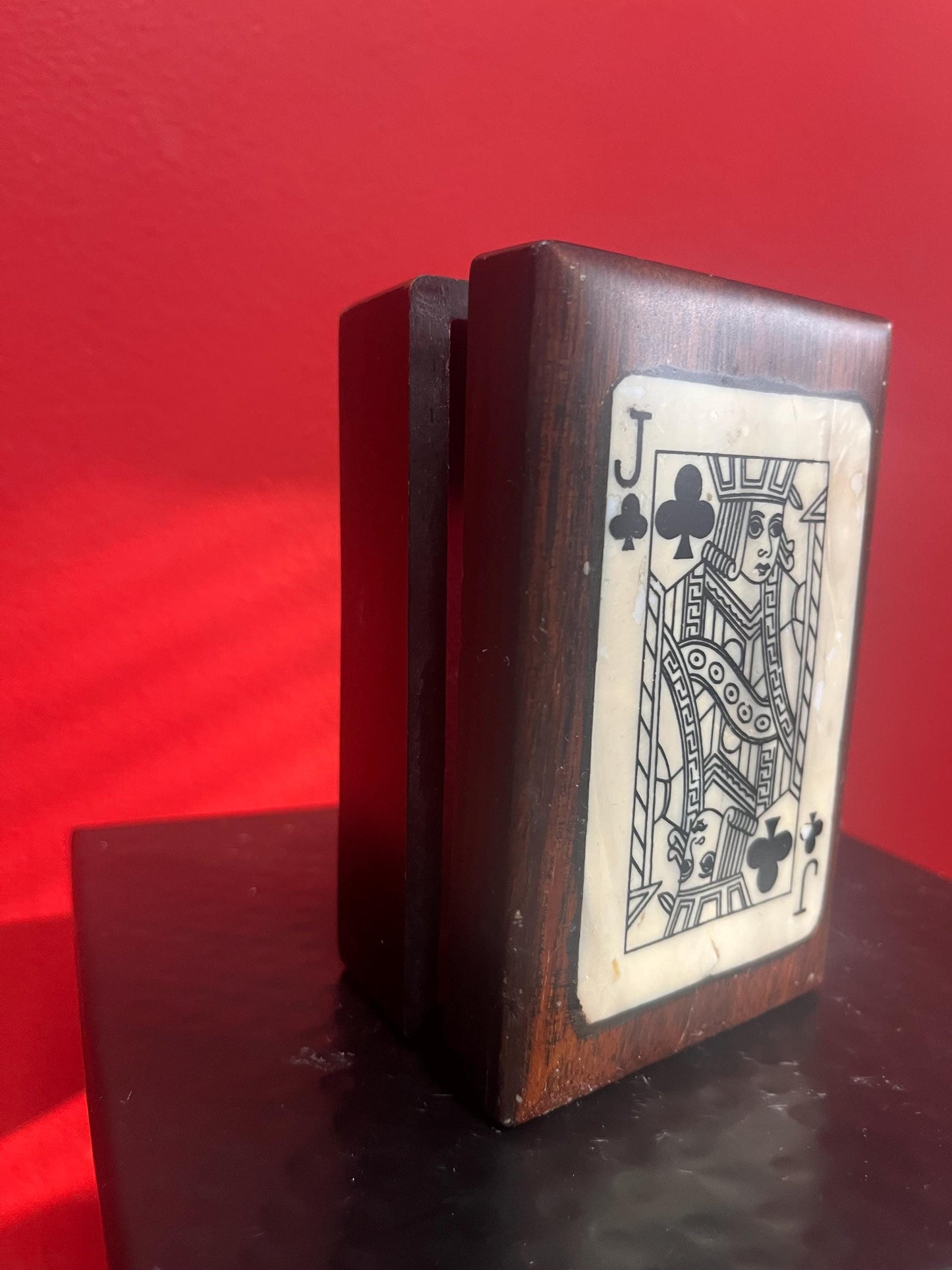 Lovely antique 5 x 3 by 2 inch thick wood and shell playing card box   good old condition and great gift