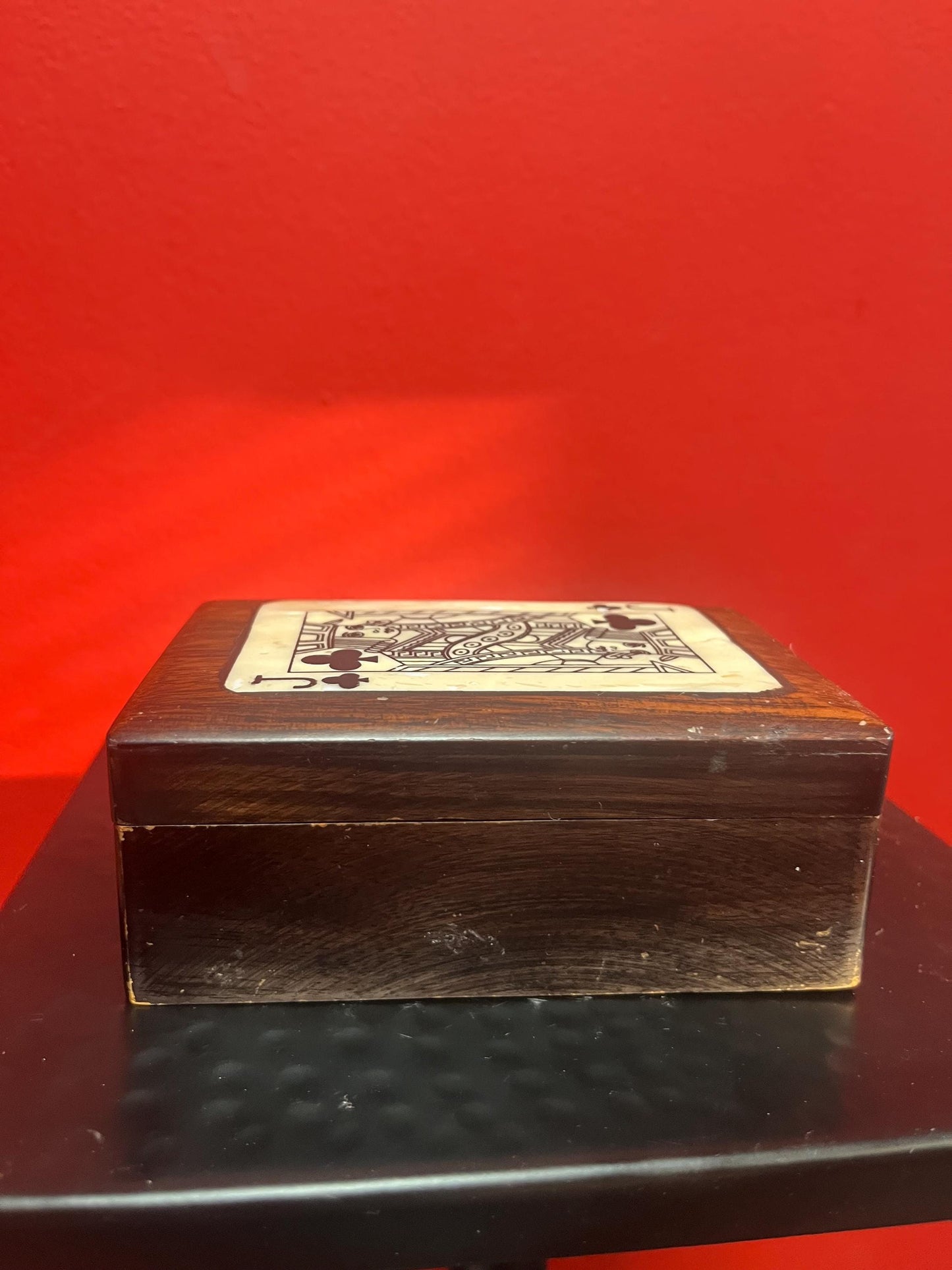 Lovely antique 5 x 3 by 2 inch thick wood and shell playing card box   good old condition and great gift