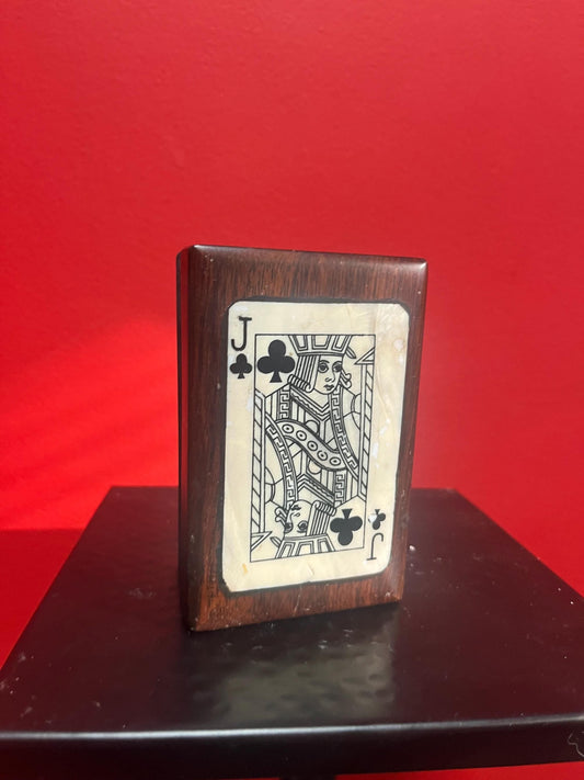 Lovely antique 5 x 3 by 2 inch thick wood and shell playing card box   good old condition and great gift