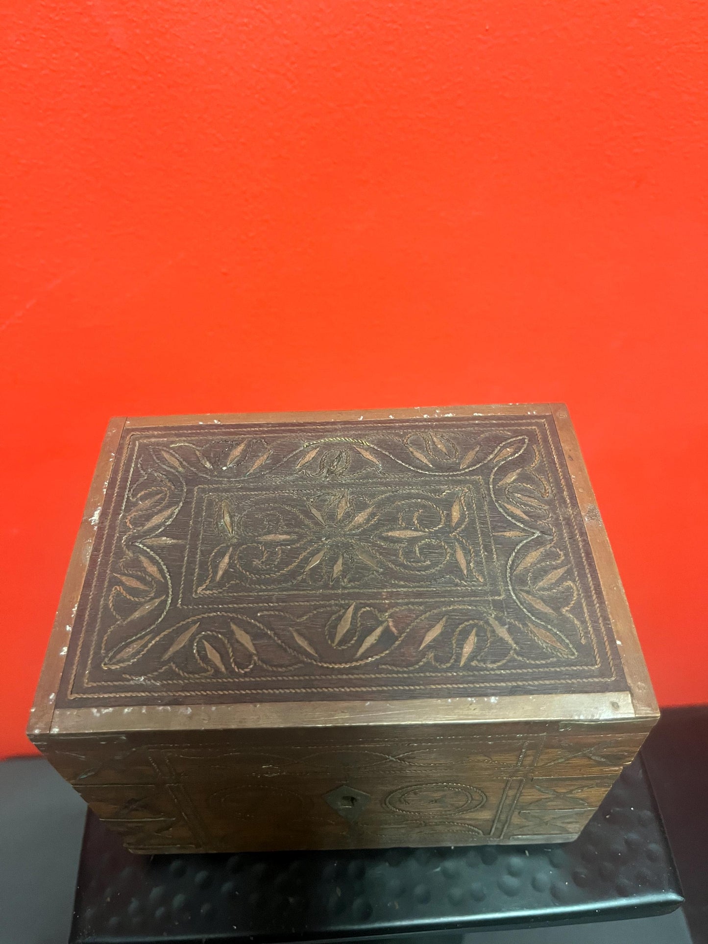 5 x 4 x 4 antique wooden and brass inlaid box  many uses  great value