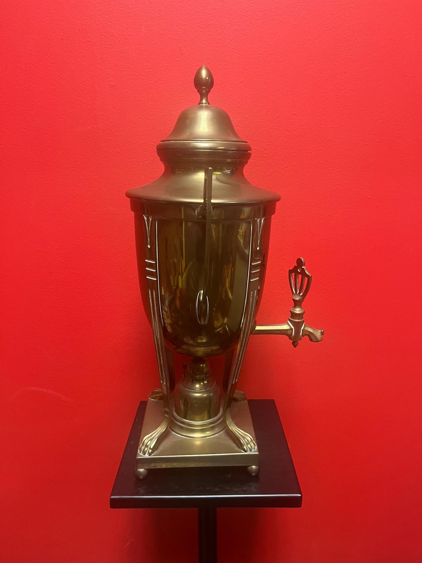 20 inch tall brass tea or coffee urn on stand   antique art nouveau beauty  amazing patina  wow  seems to be useable