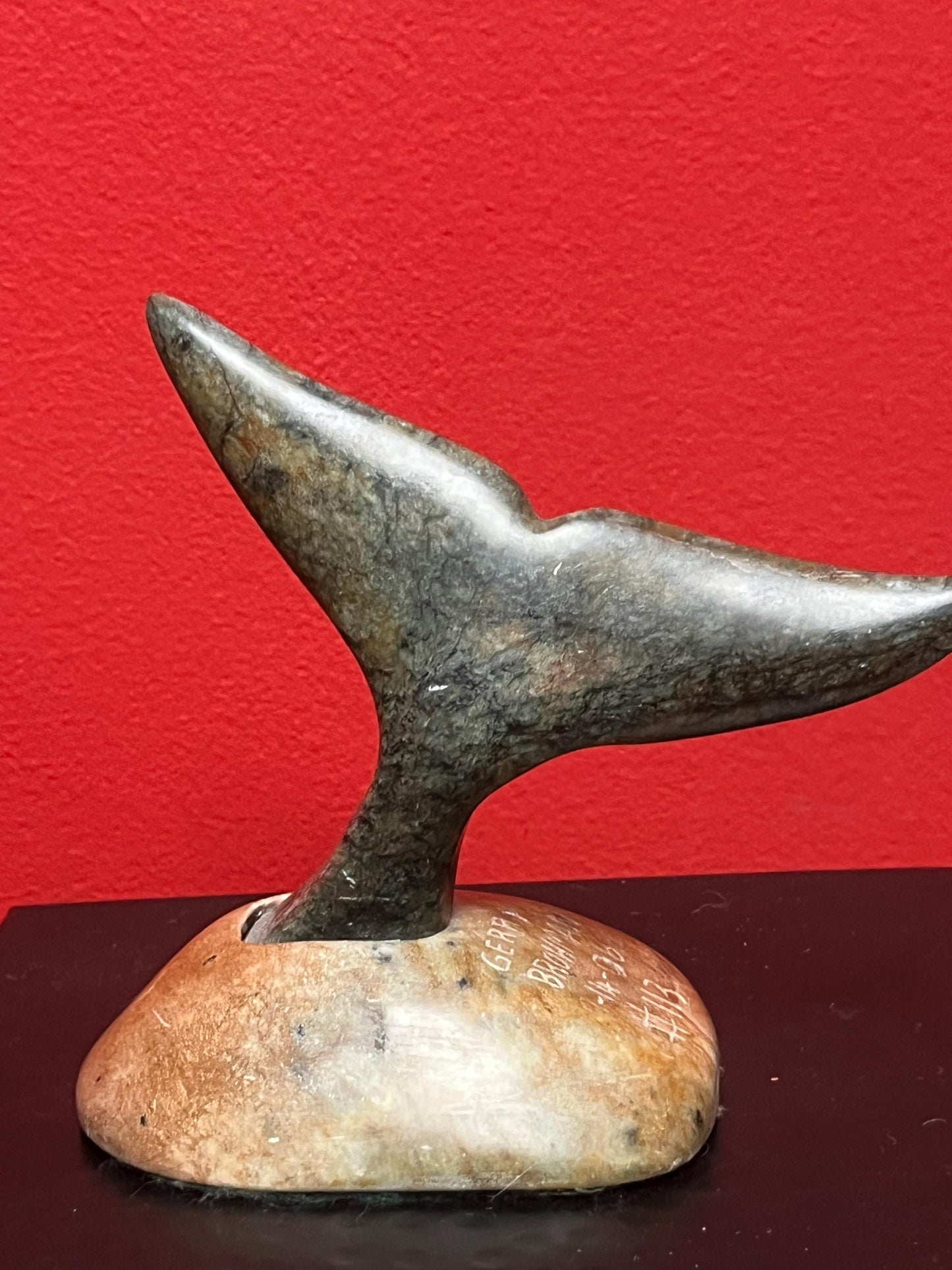 Lovely signed indigenous Inuit soapstone statue of a killer whales tail 6 x 6“ in perfect condition and wonderful detail