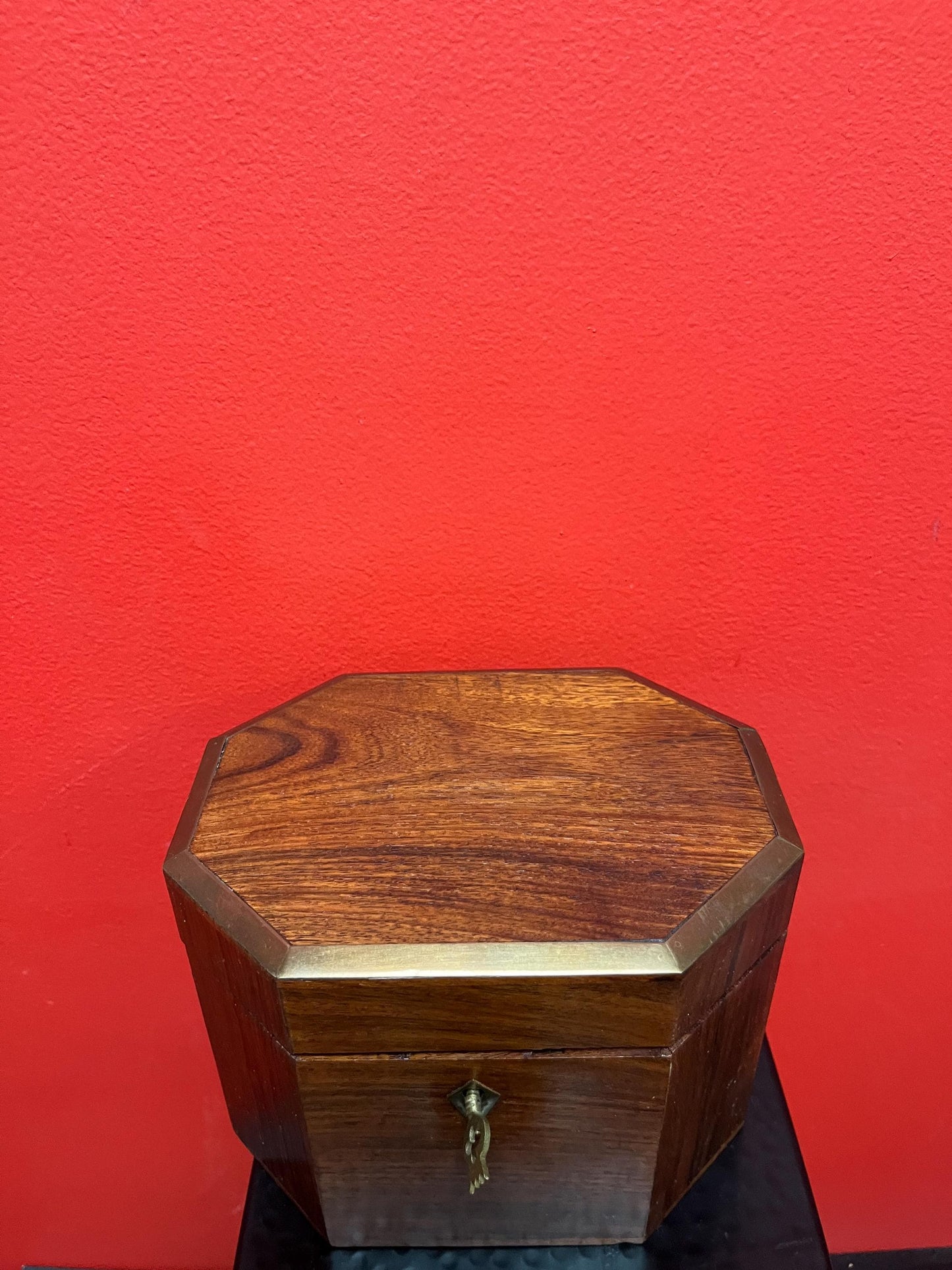 7.5 x 5.5 x 5.5 high coriander wood and brass tea box or jewellery box with original key - wonderful condition and great gift