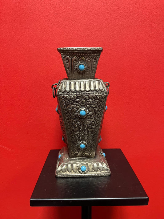 10 inch tall Indo raj silver vase with cartouches  absolutely stunning  untested  wow