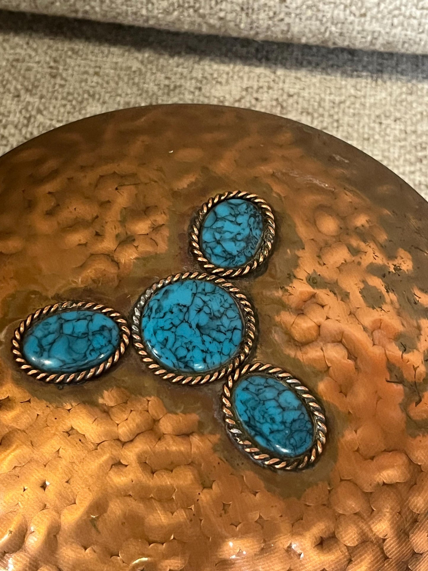 Lovely 7 x 3 European signed copper box with turquoise stone top  great gift - wow