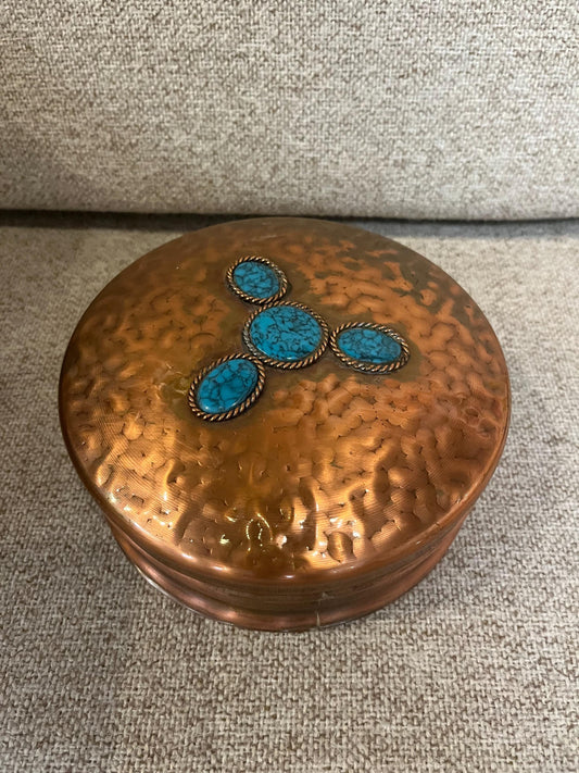 Lovely 7 x 3 European signed copper box with turquoise stone top  great gift - wow