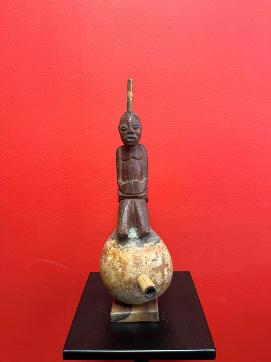 Very cool 14 inch tall African wooden and gourd pipe  unusual imagery and amazing look