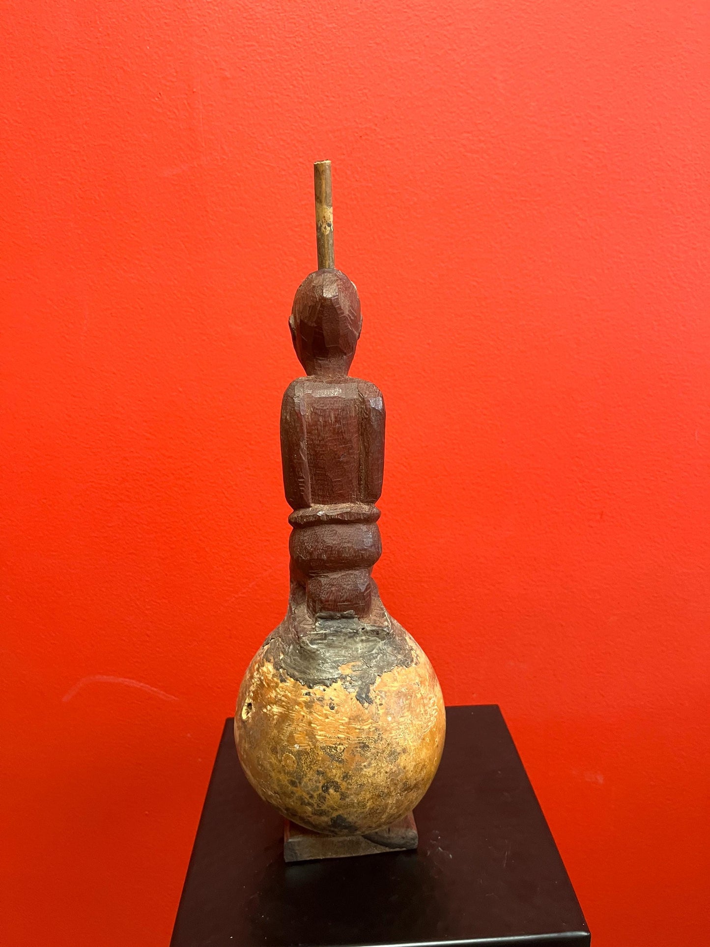 Very cool 14 inch tall African wooden and gourd pipe  unusual imagery and amazing look