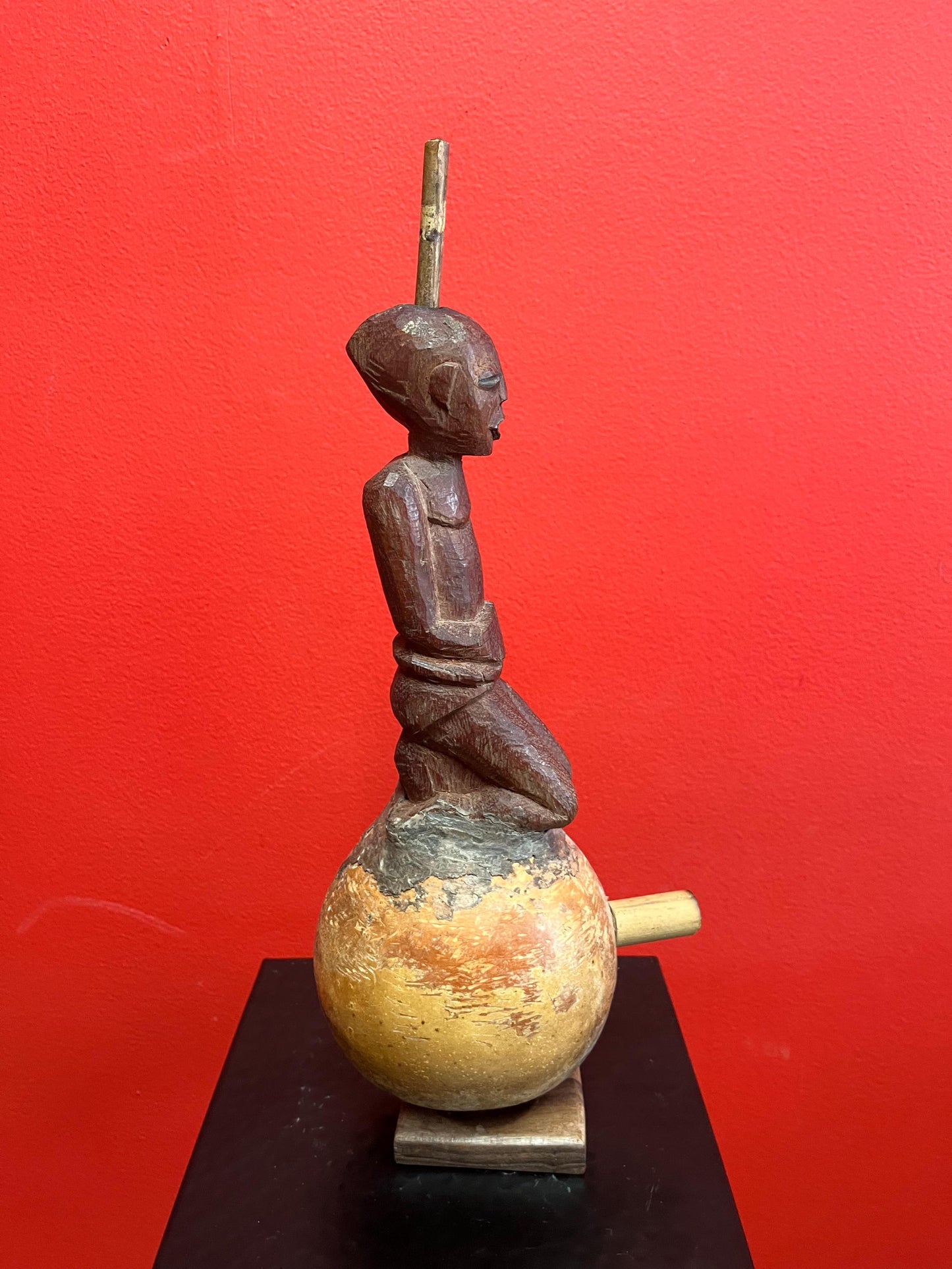 Very cool 14 inch tall African wooden and gourd pipe  unusual imagery and amazing look