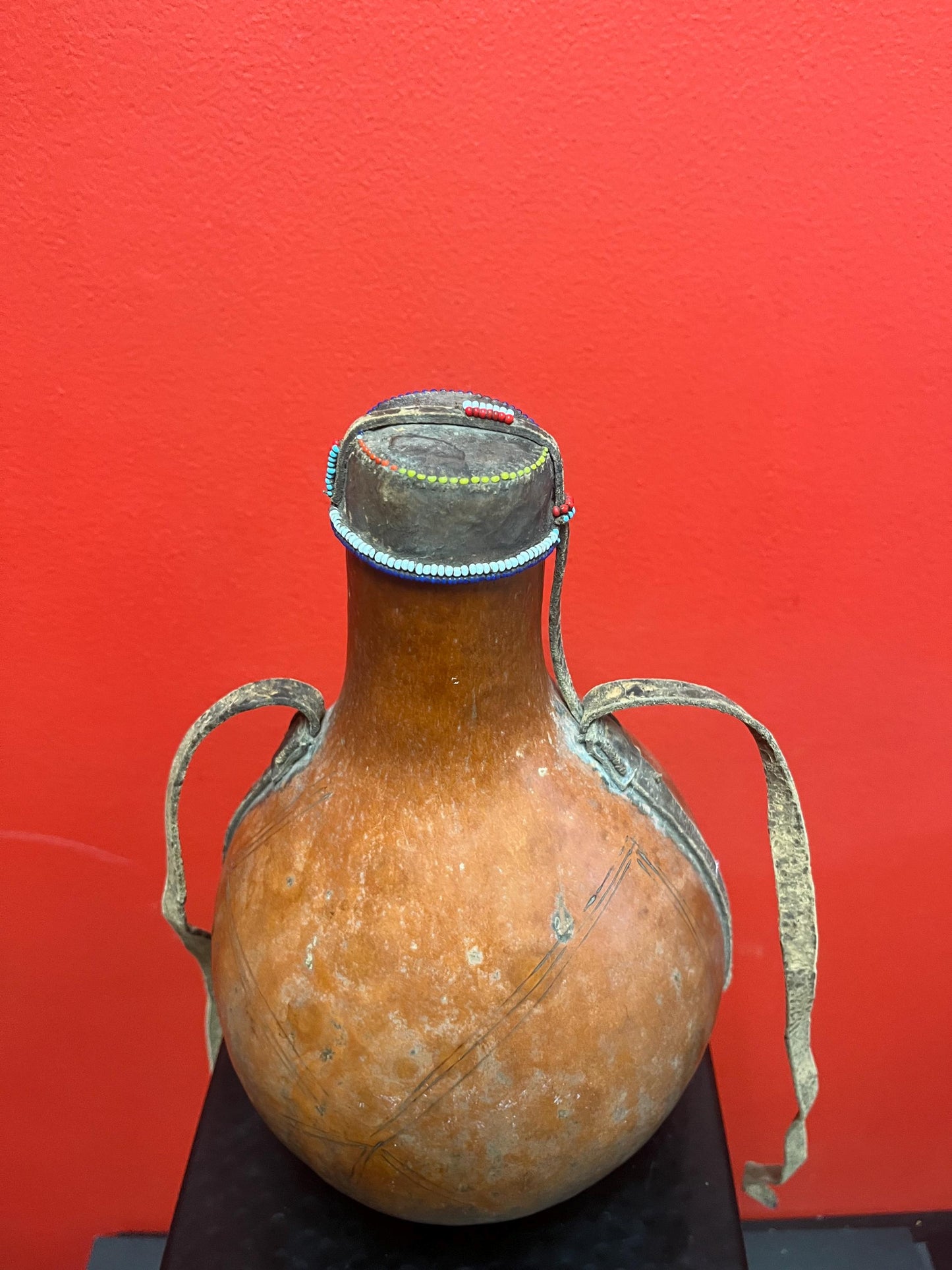 Very cool vintage African 10 inch gourd with beaded top  great look  broken  handle  value priced