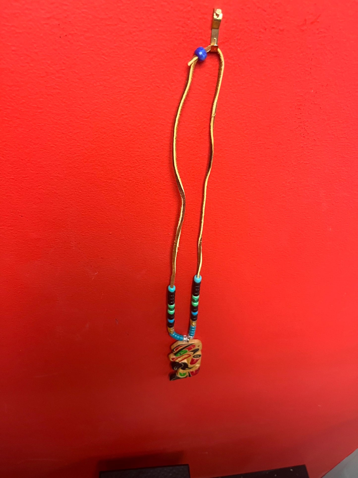 Stunning 5 inch indigenous first nations Pacific northwest Coast signed wooden pendant with 30 inch beaded  necklace  wow