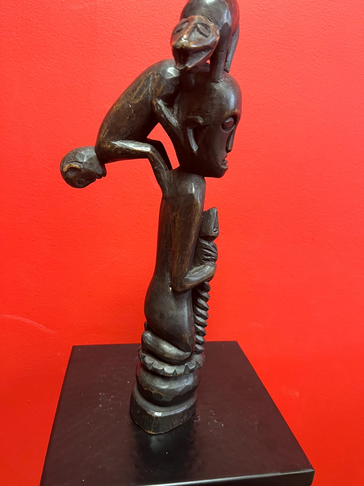 Beautiful Unusual African antique 12.5 inch tall statue of a man with a snake and monkeys climbing on him   stunning imagery wow