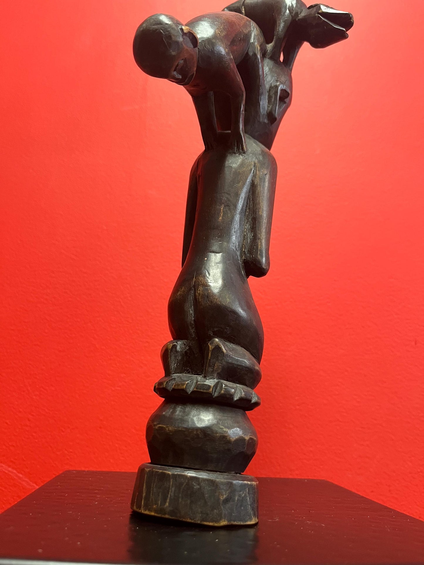 Beautiful Unusual African antique 12.5 inch tall statue of a man with a snake and monkeys climbing on him   stunning imagery wow