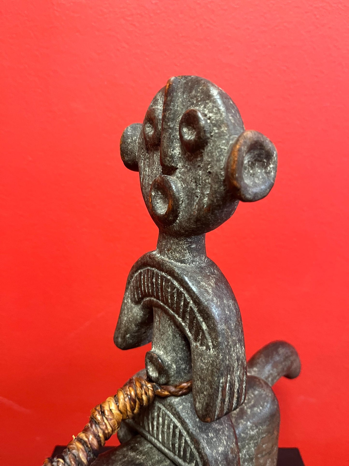 Rare beautiful African 10 x 10 inch antique statue of a man riding an animal  great patina and unusual imagery