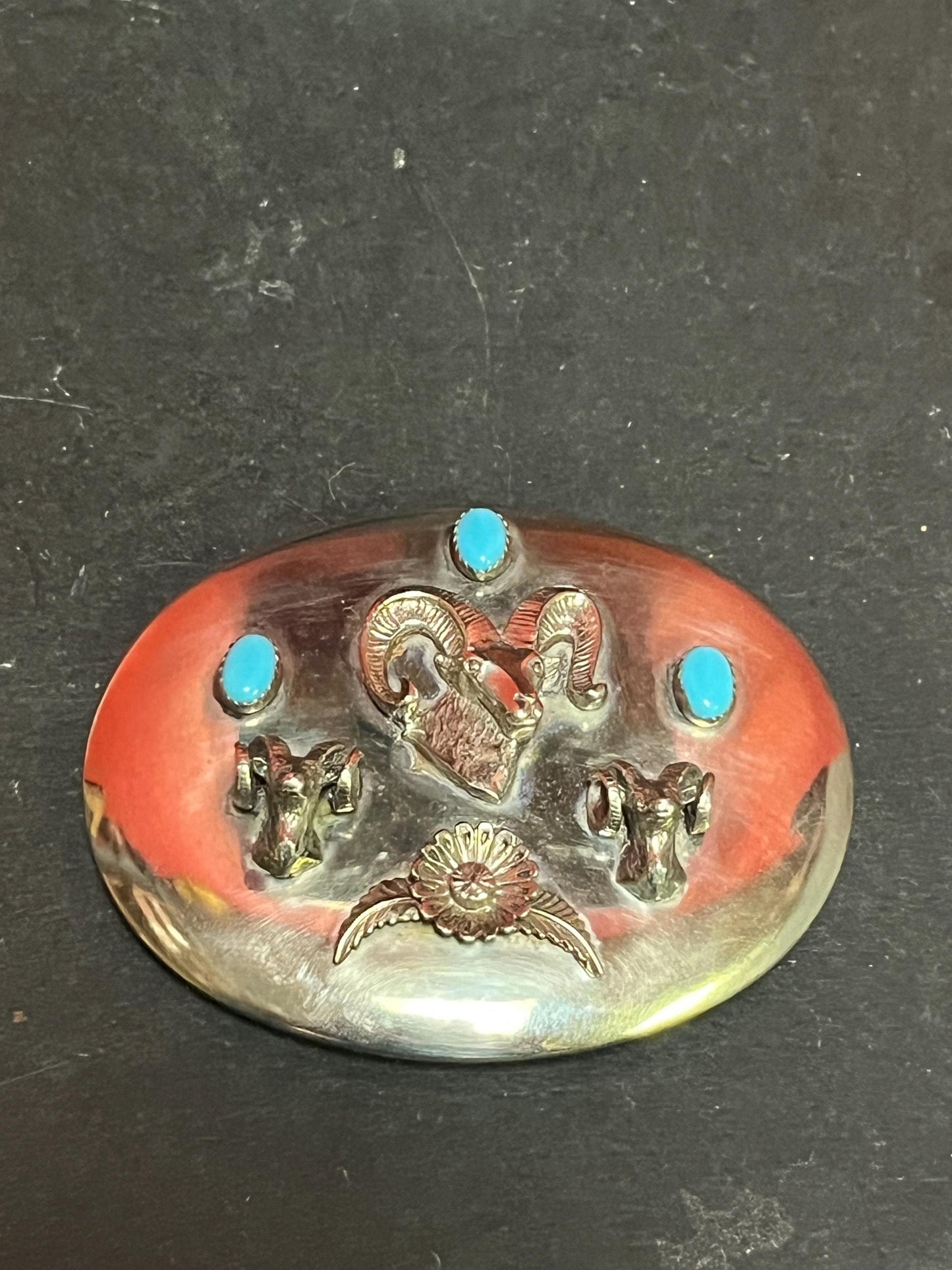 Lovely 3 inch Navajo, untested, silver and turquoise signed belt buckle  Beautiful and perfect gift