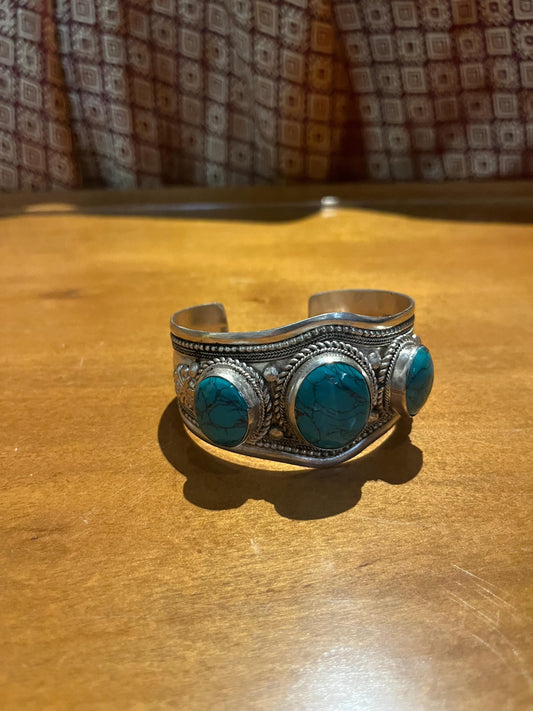 Nepalese 3 inch silver and turquoise bangle cuff  great look and slightly adjustable to wrist