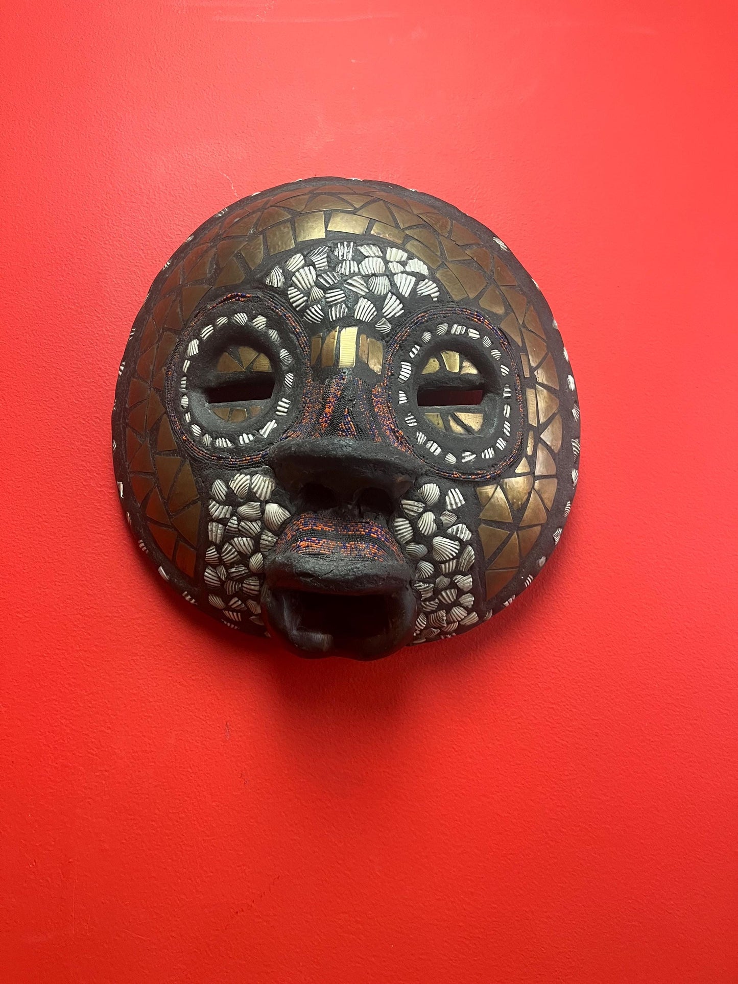 Fabulous antique 13 x 13 African Ghana mask   shells and copper and beads  delightful authentic piece  wow