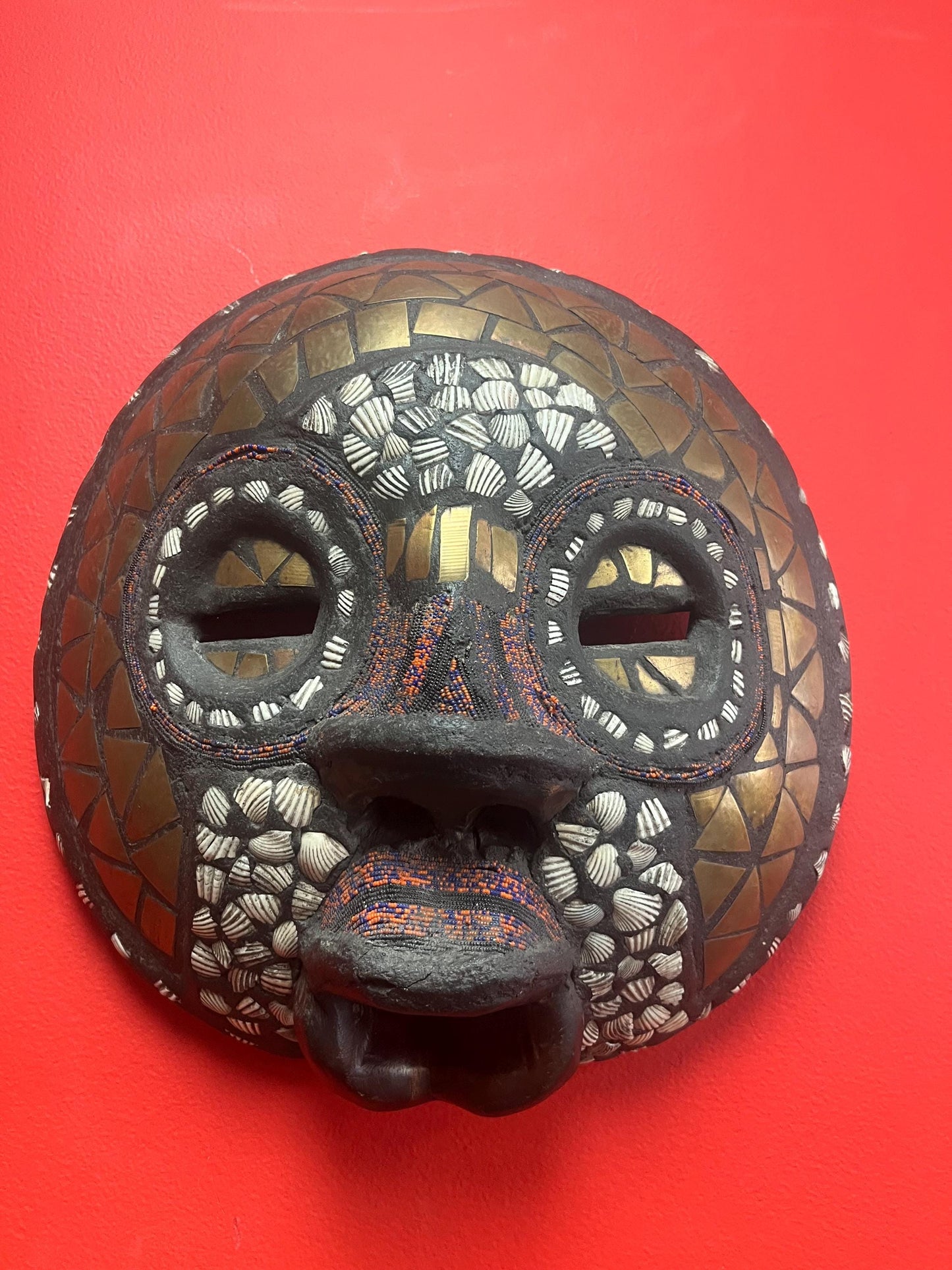 Fabulous antique 13 x 13 African Ghana mask   shells and copper and beads  delightful authentic piece  wow