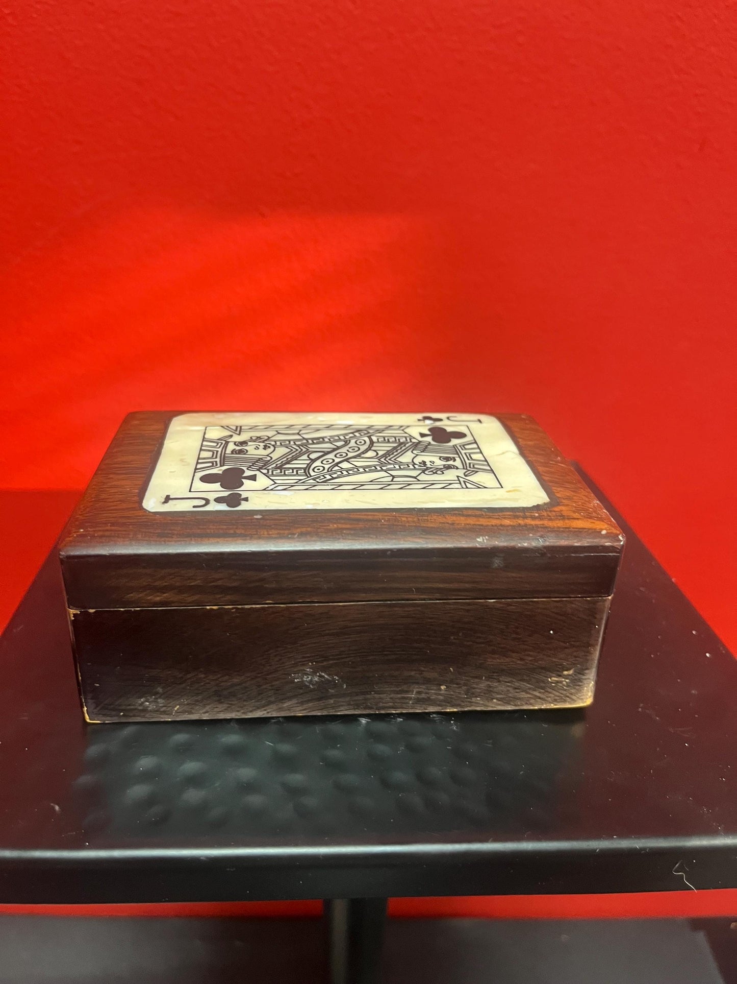 Lovely antique 5 x 3 by 2 inch thick wood and shell playing card box   good old condition and great gift