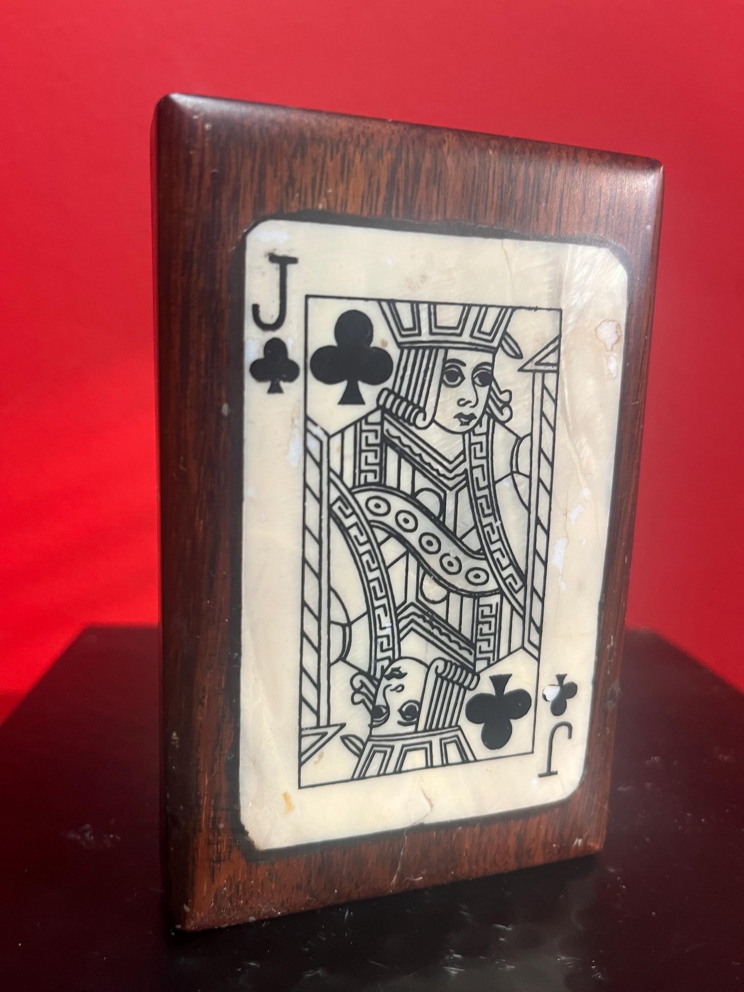 Lovely antique 5 x 3 by 2 inch thick wood and shell playing card box   good old condition and great gift