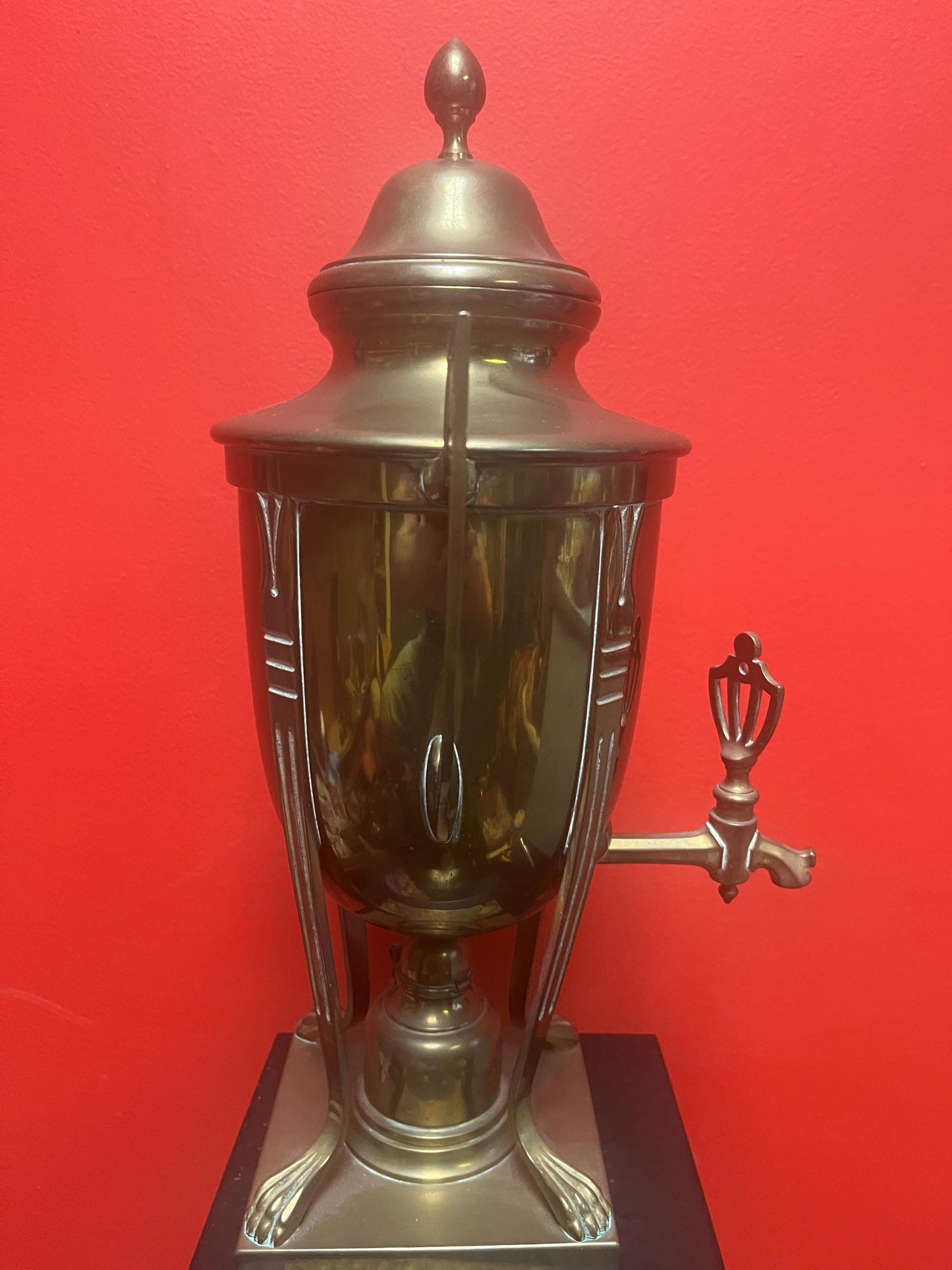 20 inch tall brass tea or coffee urn on stand   antique art nouveau beauty  amazing patina  wow  seems to be useable