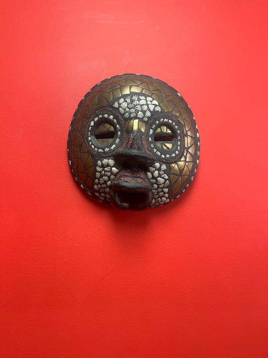 Fabulous antique 13 x 13 African Ghana mask   shells and copper and beads  delightful authentic piece  wow