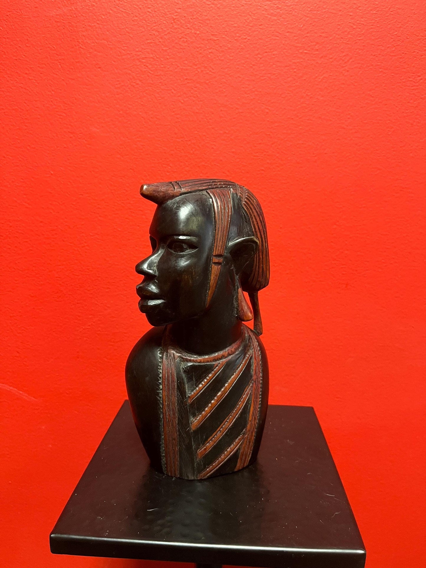 8 inch tall African ebony carved statue of a Masai warrior   wonderful patina and  detail  heavy and beautiful example