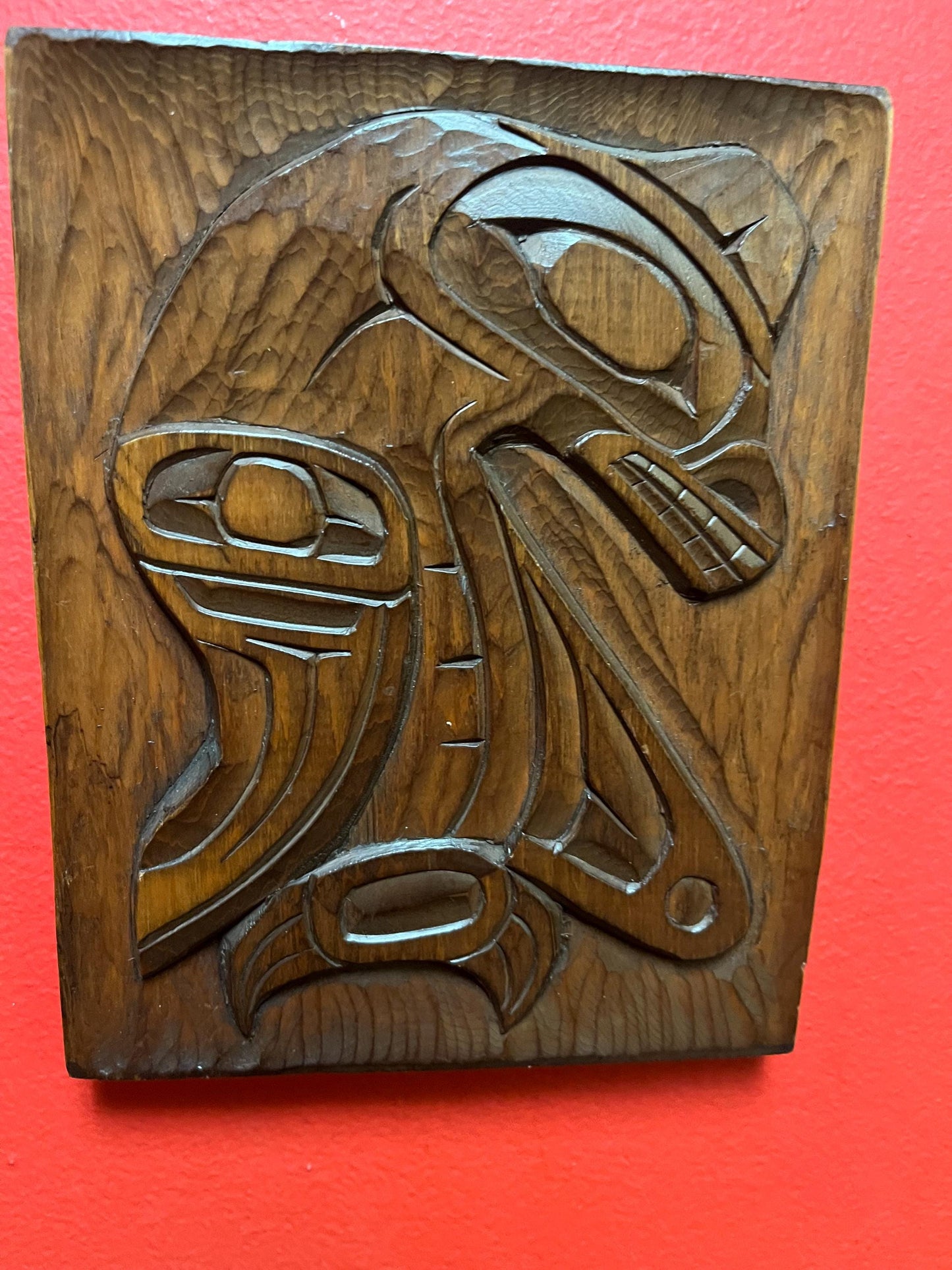 Lovely signed sea monster plaque  indigenous first nations Pacific northwest coast  cedar with great detail  ready to hang  7x 5 inches