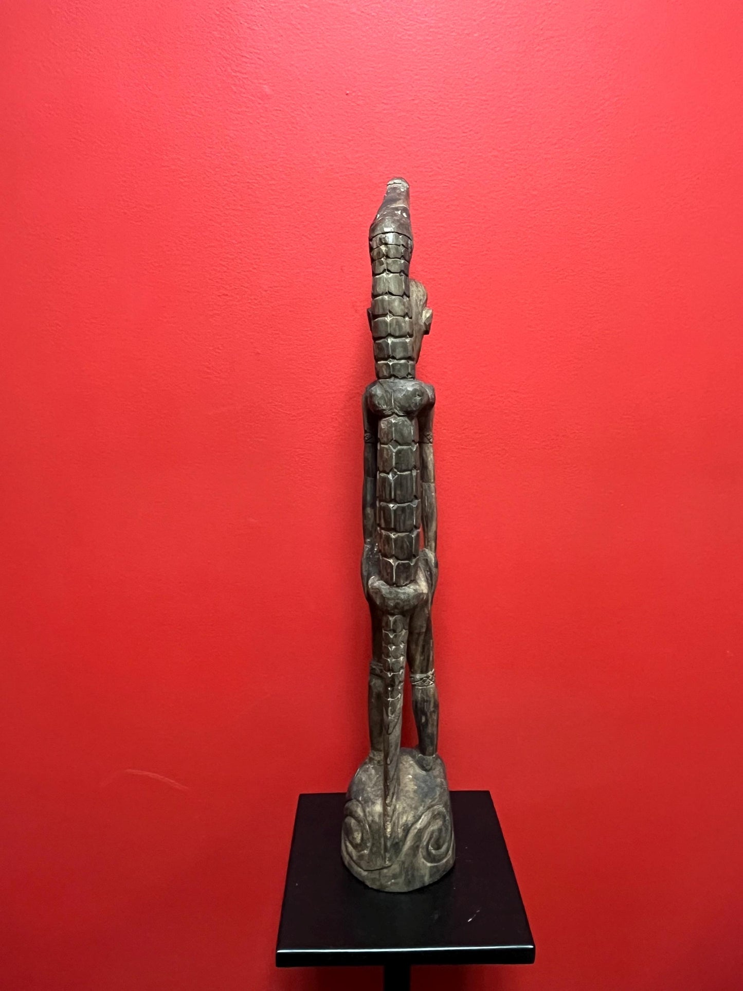 Antique 22 inch long African statue of a man with a crocodile  primitive beauty with great detail and fabulous patina  good value