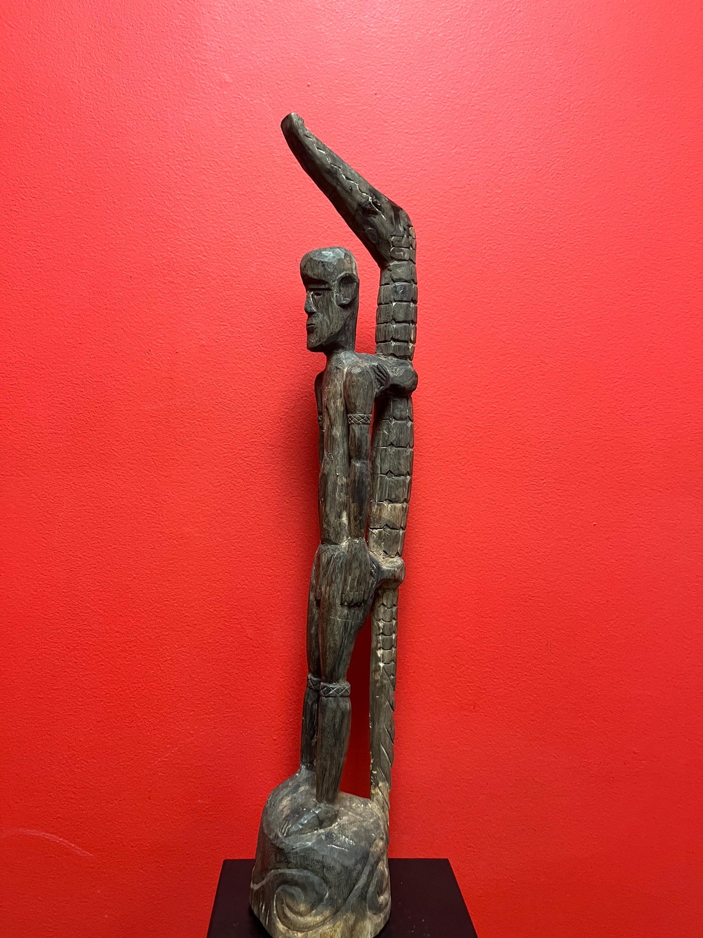 Antique 22 inch long African statue of a man with a crocodile  primitive beauty with great detail and fabulous patina  good value