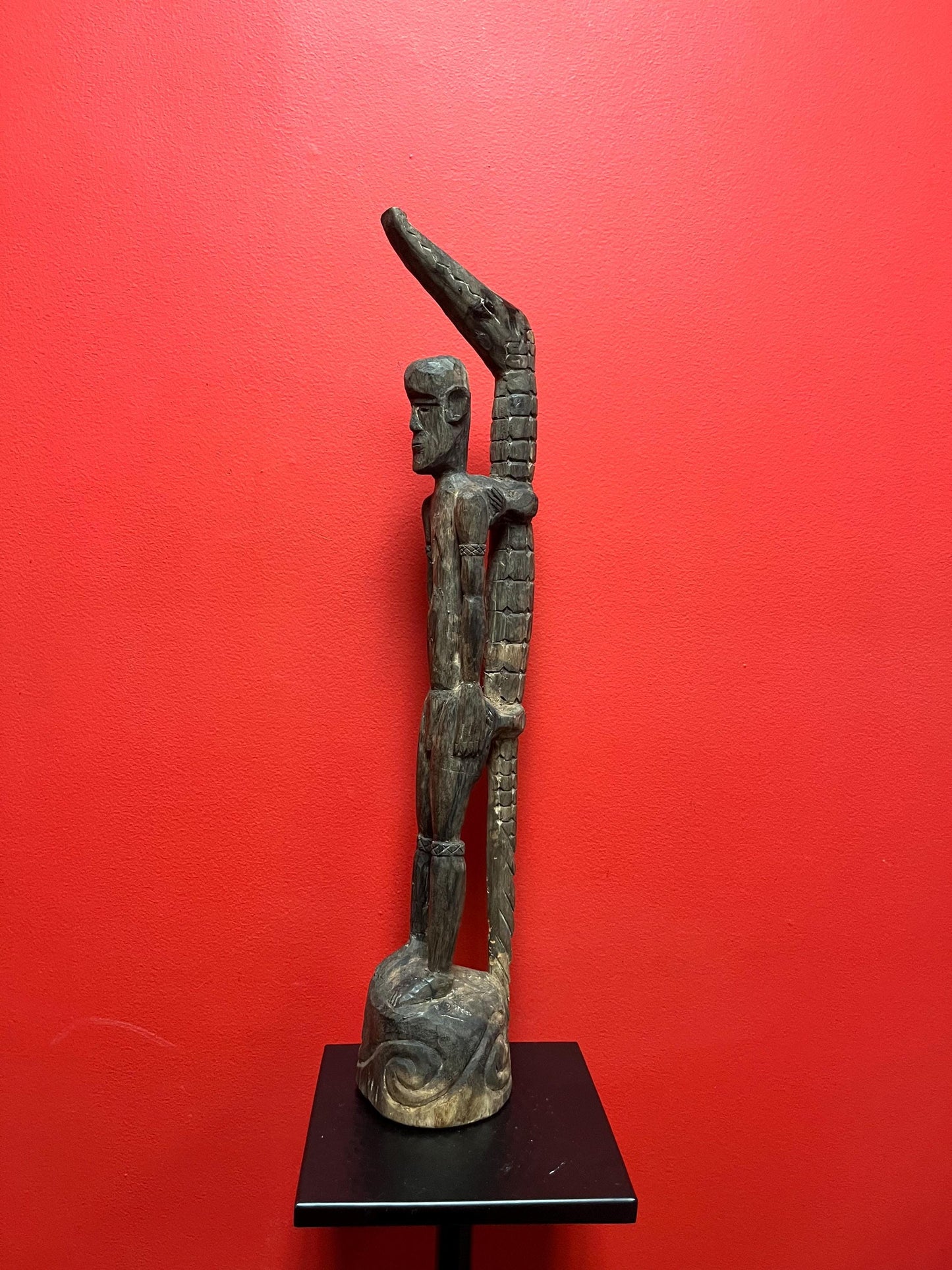 Antique 22 inch long African statue of a man with a crocodile  primitive beauty with great detail and fabulous patina  good value